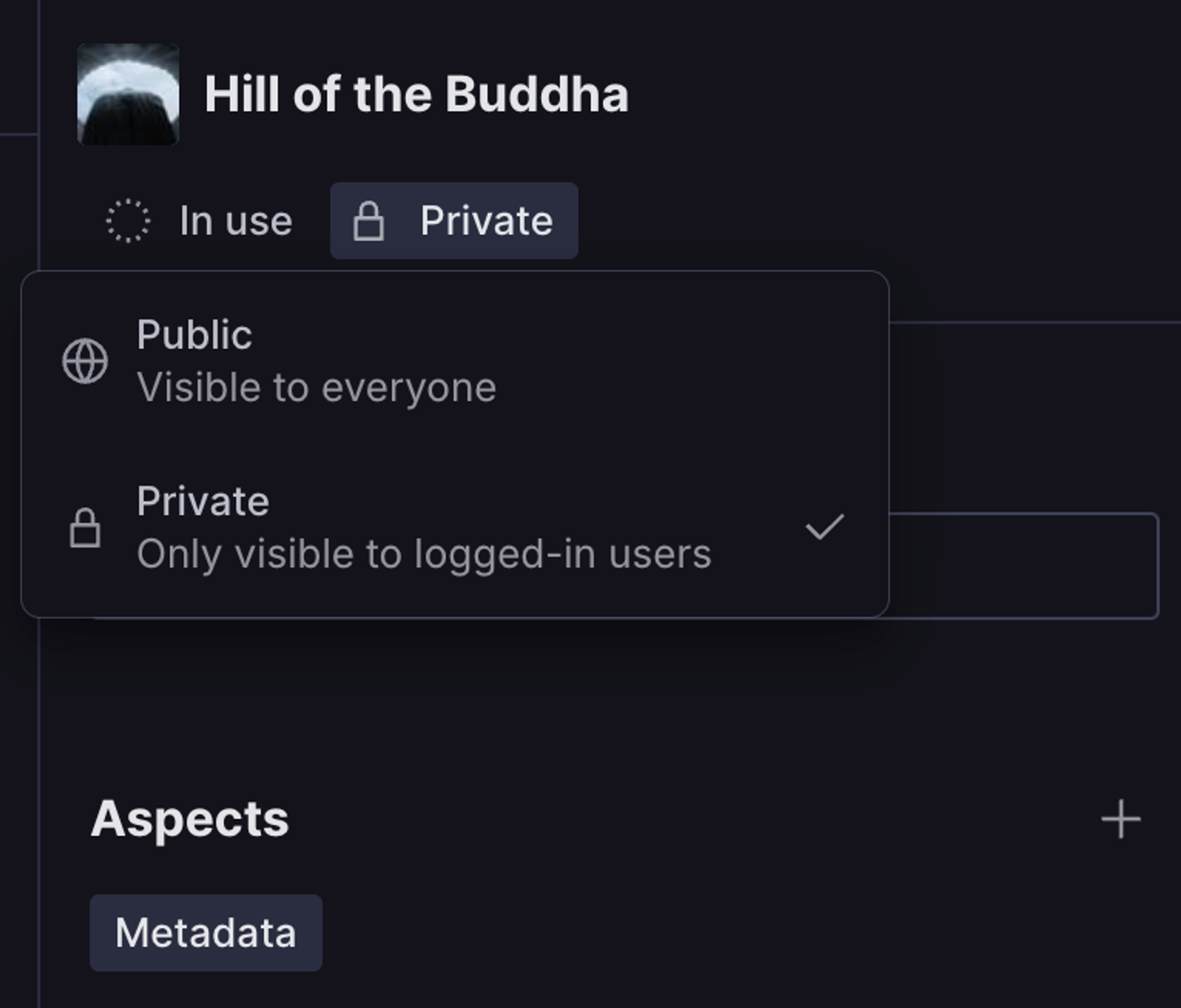 User interface with the visibility selector open and "Private" selected.