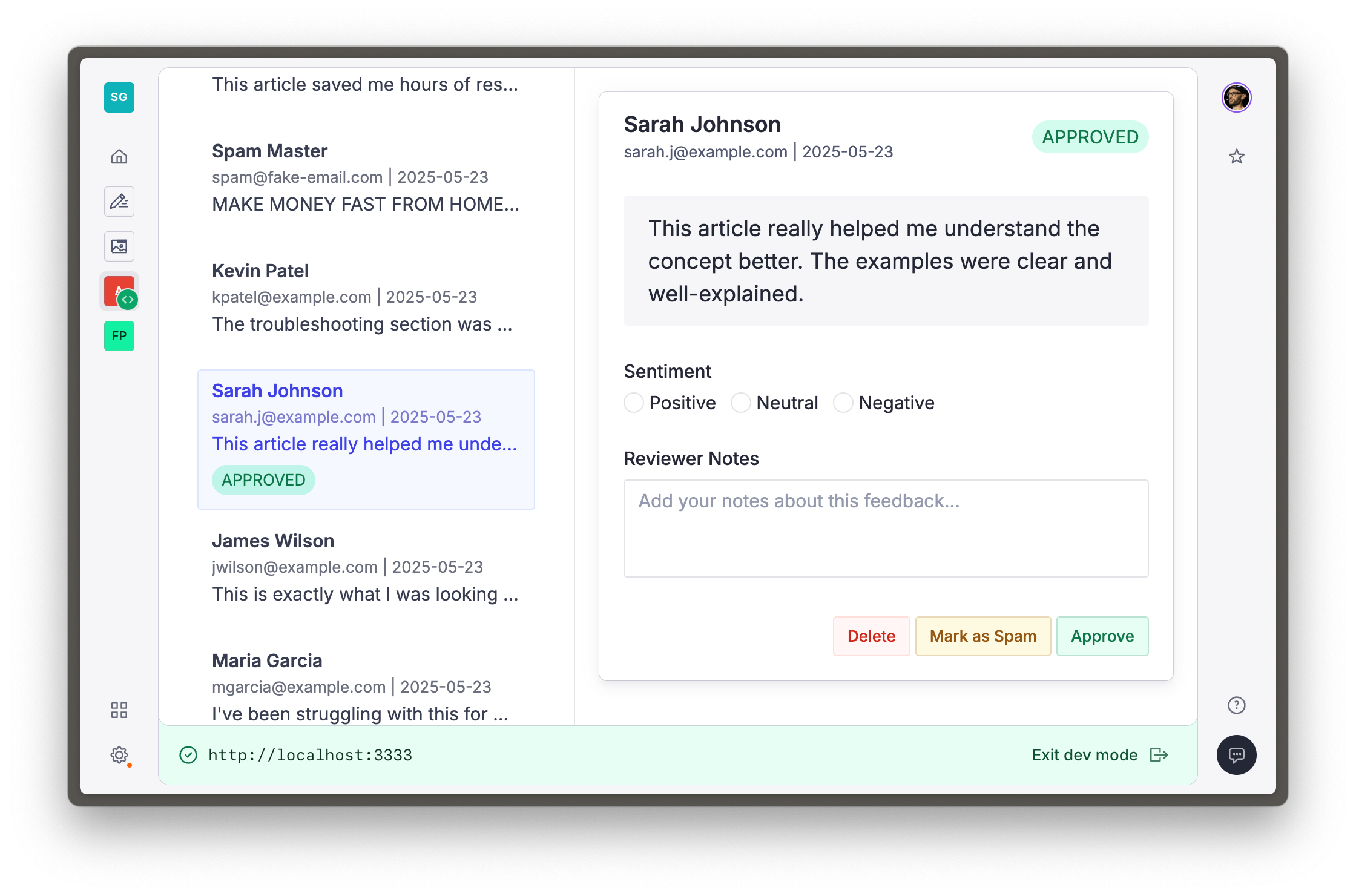 Application with document editing form and three buttons