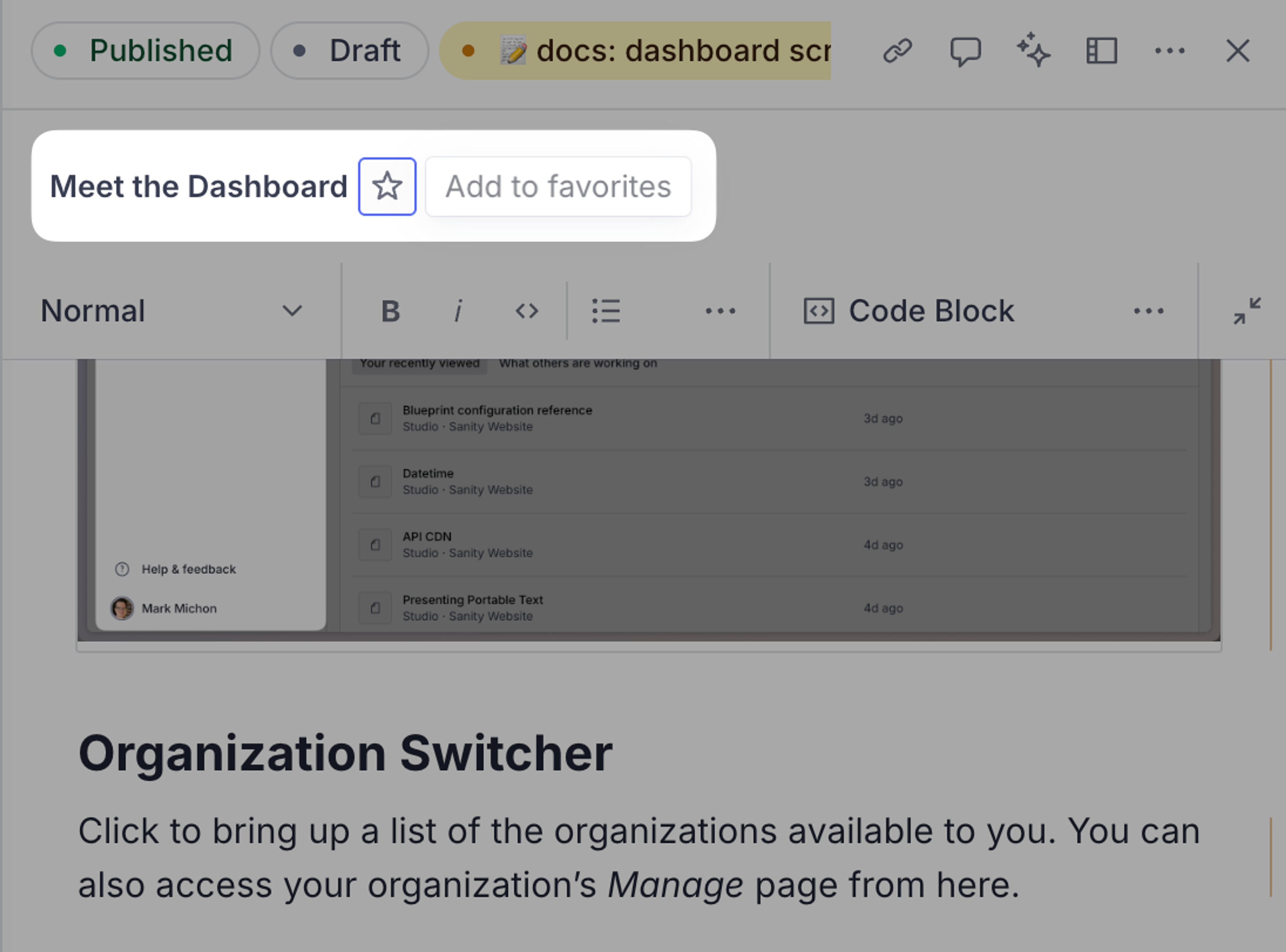 Add to favorites interface