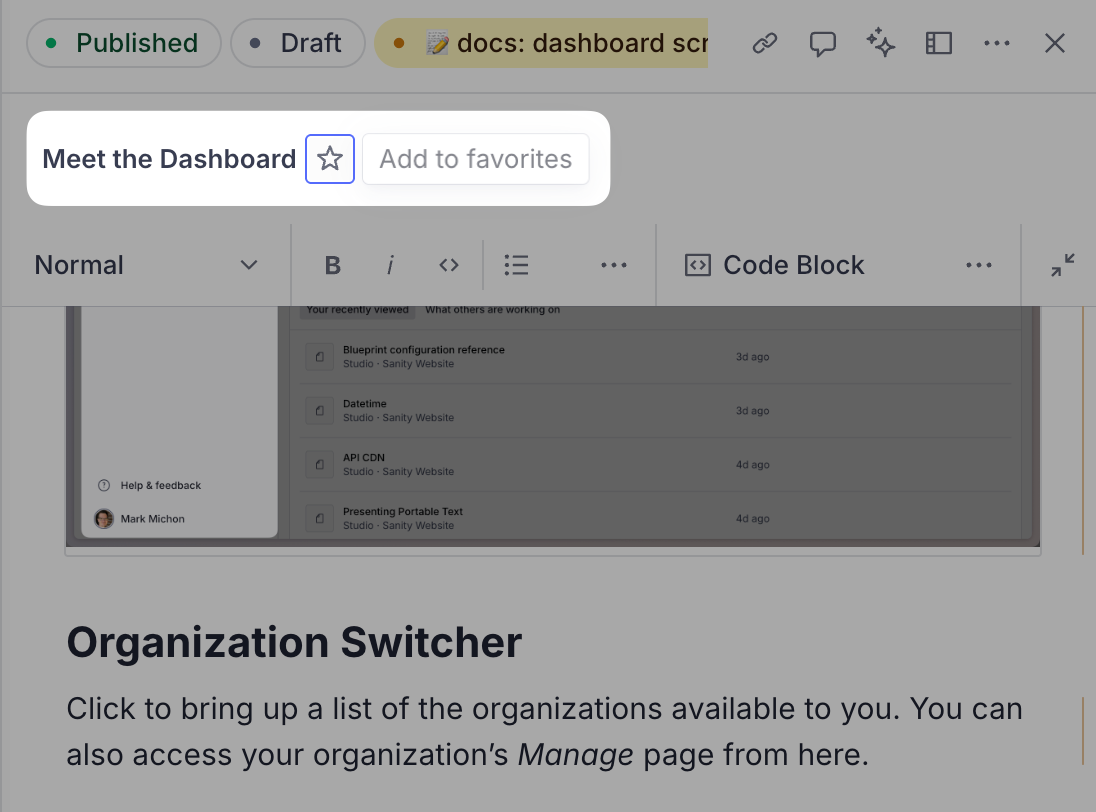 A document header with the star icon selected to add the document to favorites.