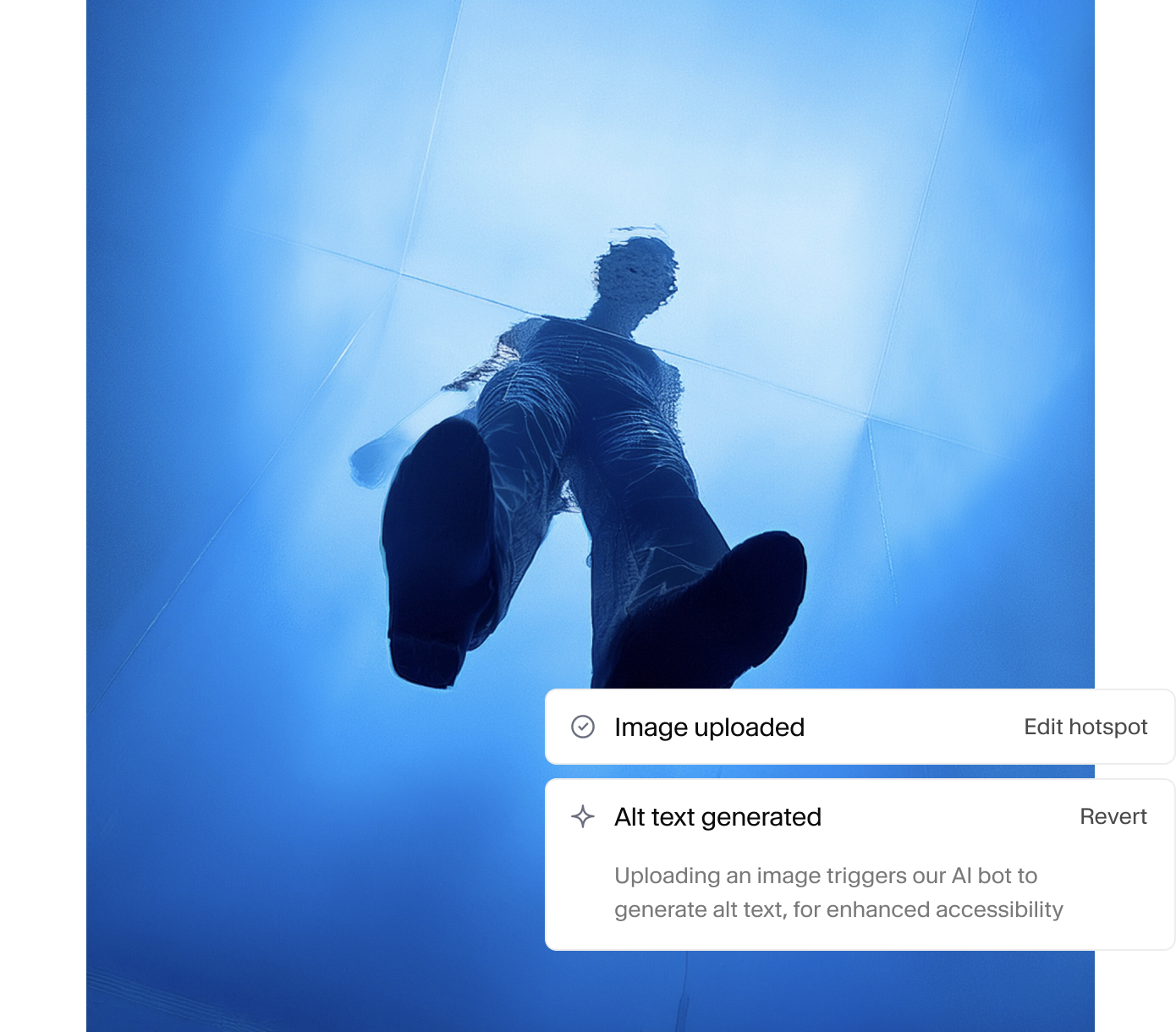 An image of a person walking on a transparent blue surface, overlaid with UI elements confirming "Image uploaded" and "Alt text generated".