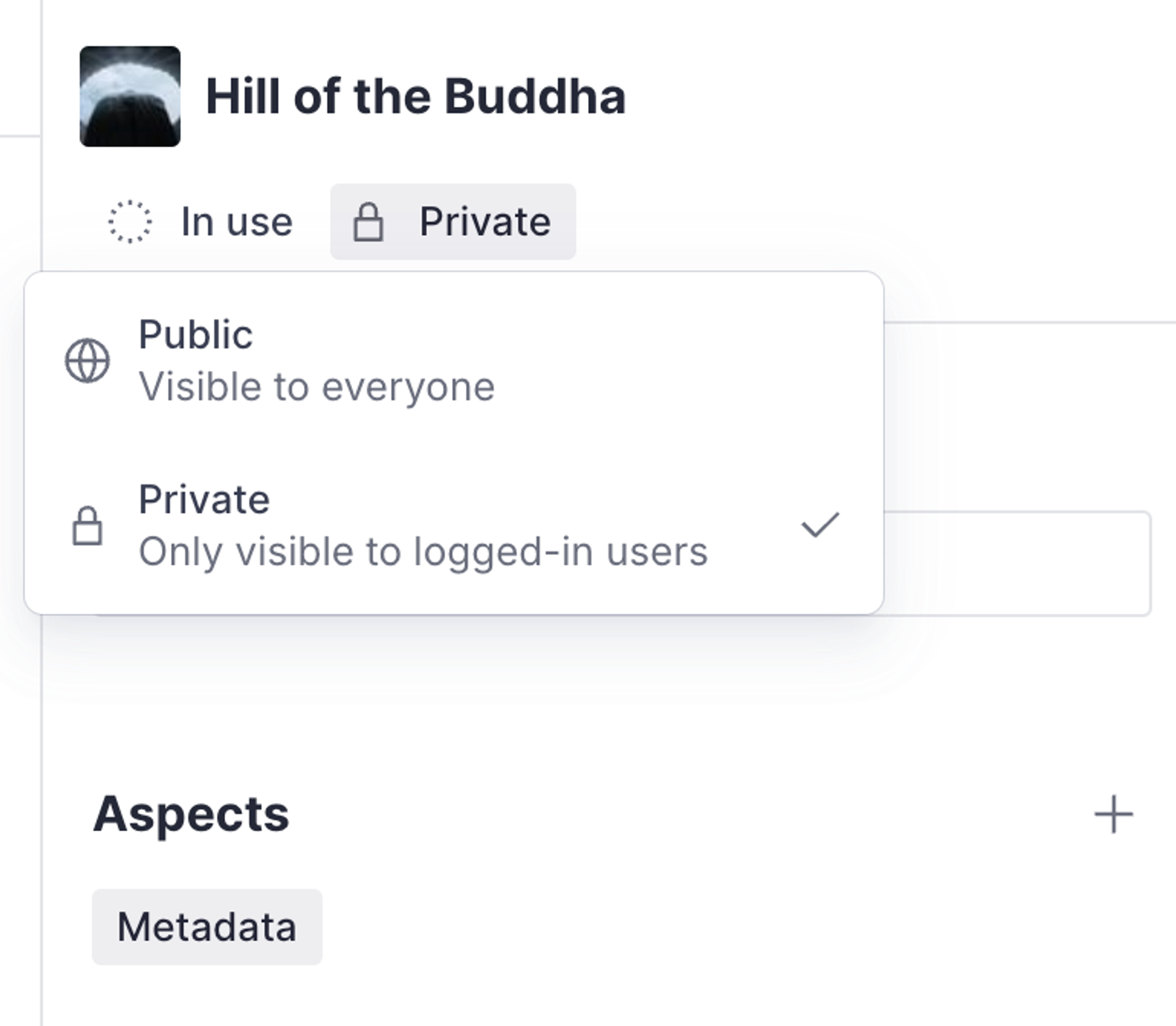 User interface with the visibility selector open and "Private" selected.