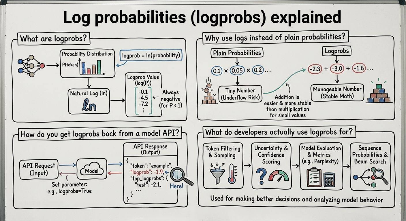 A diagram explaining Log probabilities (logprobs) in terms of related concepts.