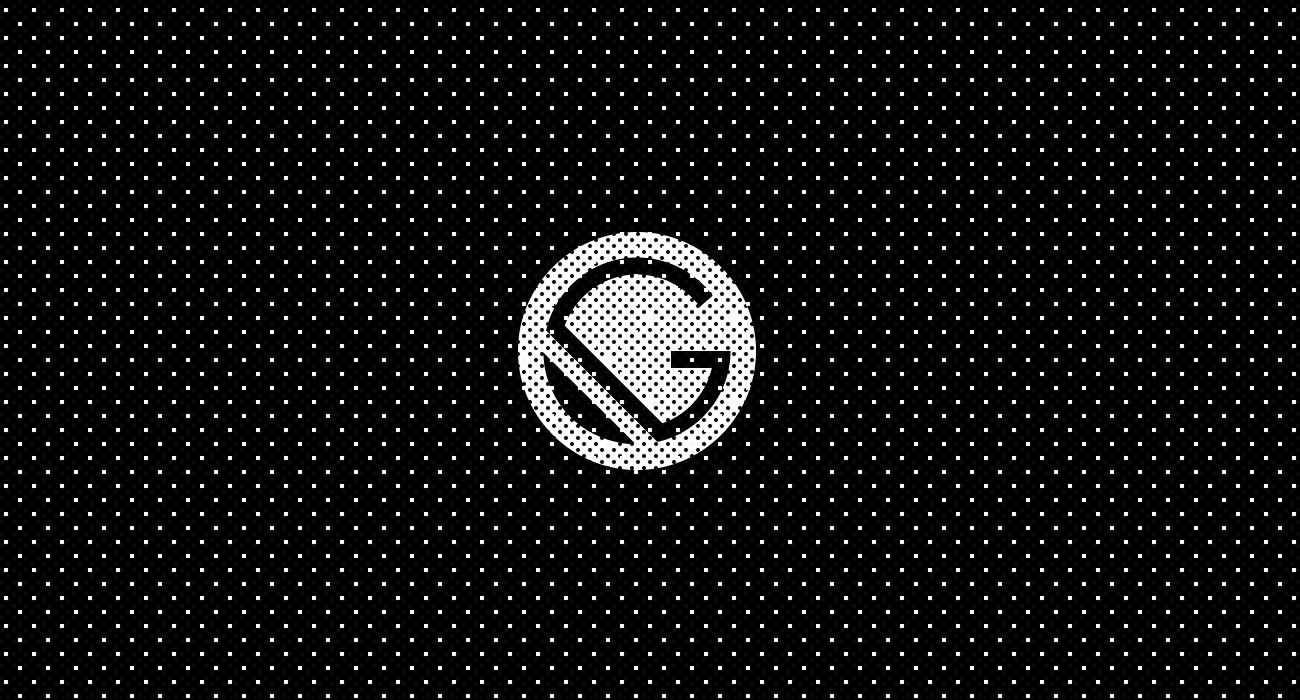 White dotted 'GC' monogram in a circle on a black dotted background.