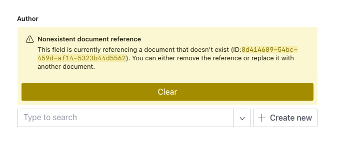 Screenshot of the warning displayed in the Studio when referencing a non-existent document via a weak reference: “Non-existent document: This is currently referencing a document that doesn’t exist (ID: <id>). You can either remove the reference or replace it with another document.”