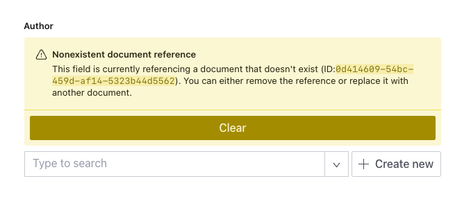 Screenshot of the warning displayed in the studio when referencing a non-existent document via a weak reference: “Non-existent document: This is currently referencing a document that doesn’t exist (ID: <id>). You can either remove the reference or replace it with another document.”