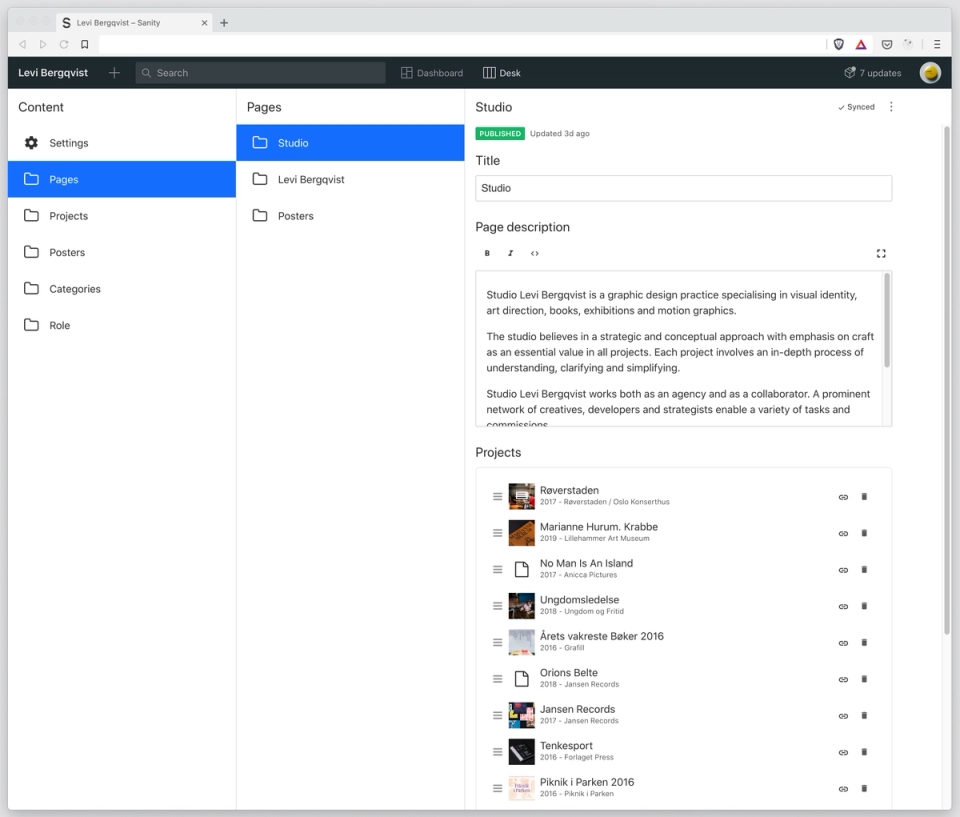 There are three different pages to model each section of the website and each page has a list of references to projects/posters to define a specific order how they should be displayed.   There are three different pages to model each section of the website and each page has a list of references to projects/posters to define a specific order how they should be displayed.