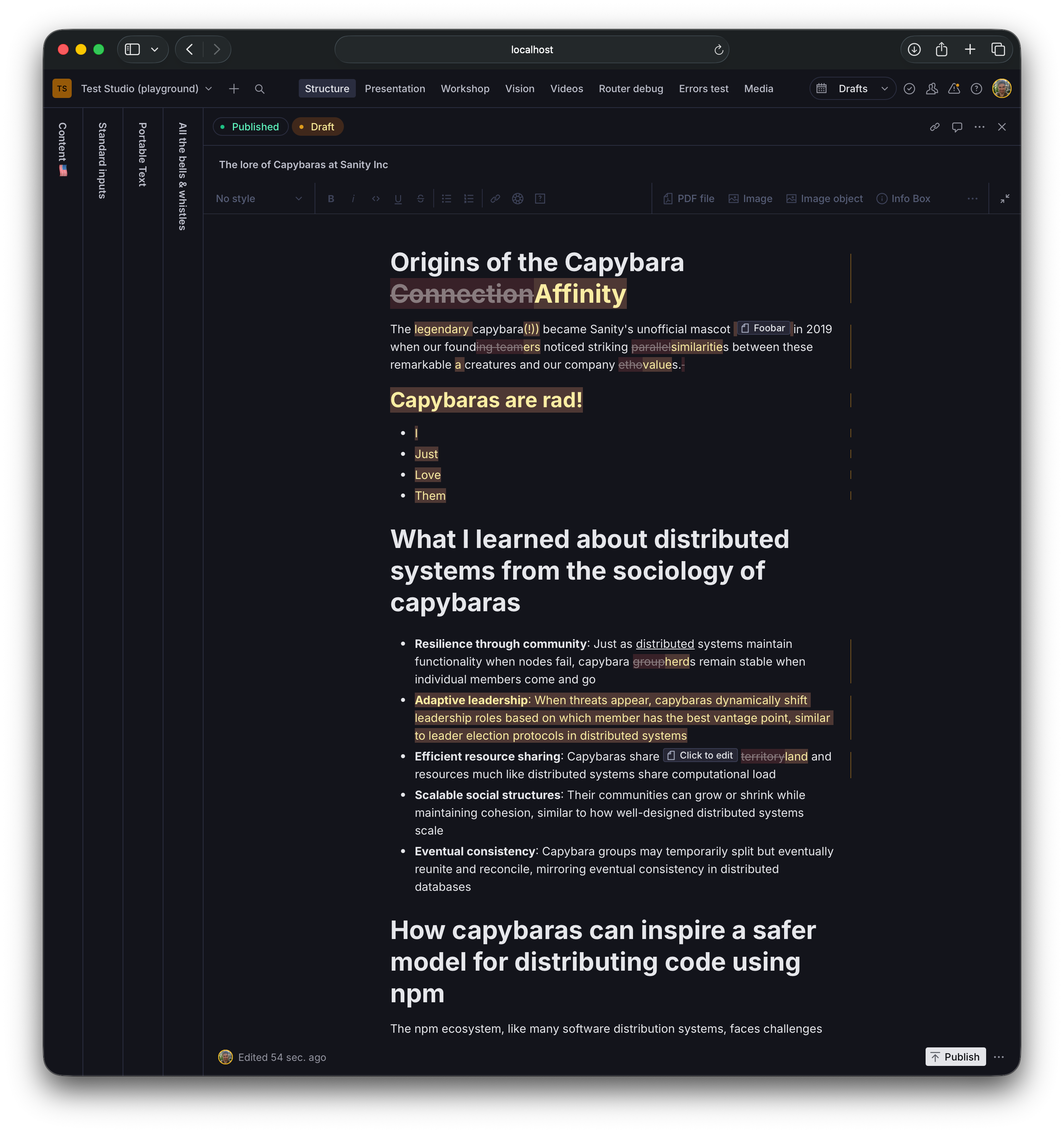 Portable Text Editor showing how a document's content has changed. Words, list items, and paragraphs have been removed, added, and changed. They are shown in highlighted segments to reflect a change has occurred.