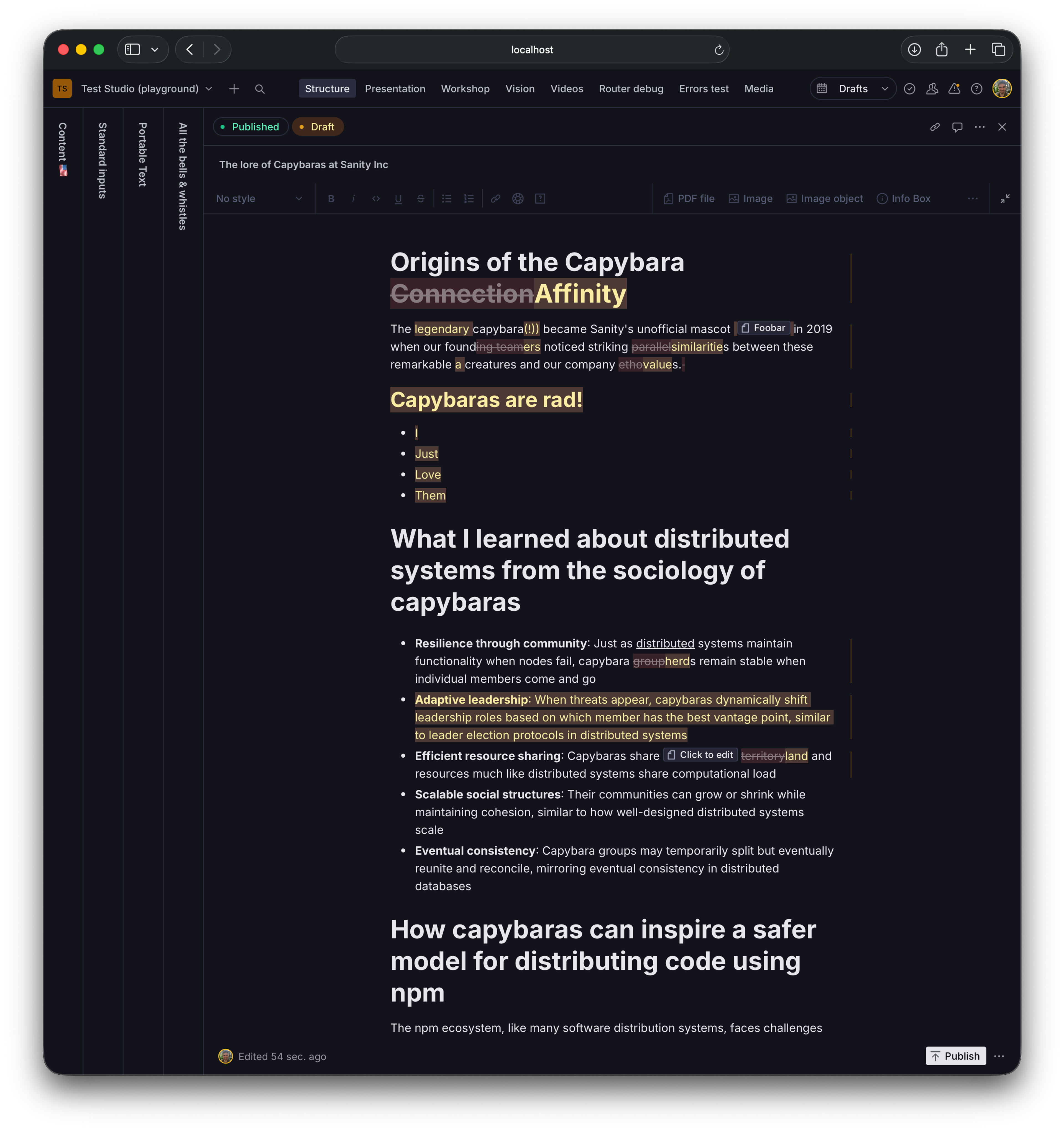Portable Text Editor showing how a document's content has changed. Words, list items, and paragraphs have been removed, added, and changed. They are shown in highlighted segments to reflect a change has occurred.