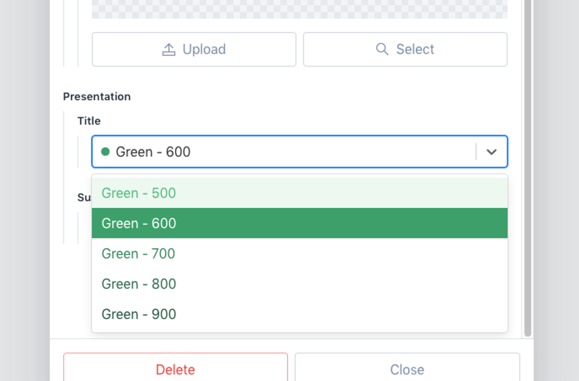 A dropdown showing shades of green pulled from Tailwind's configuration