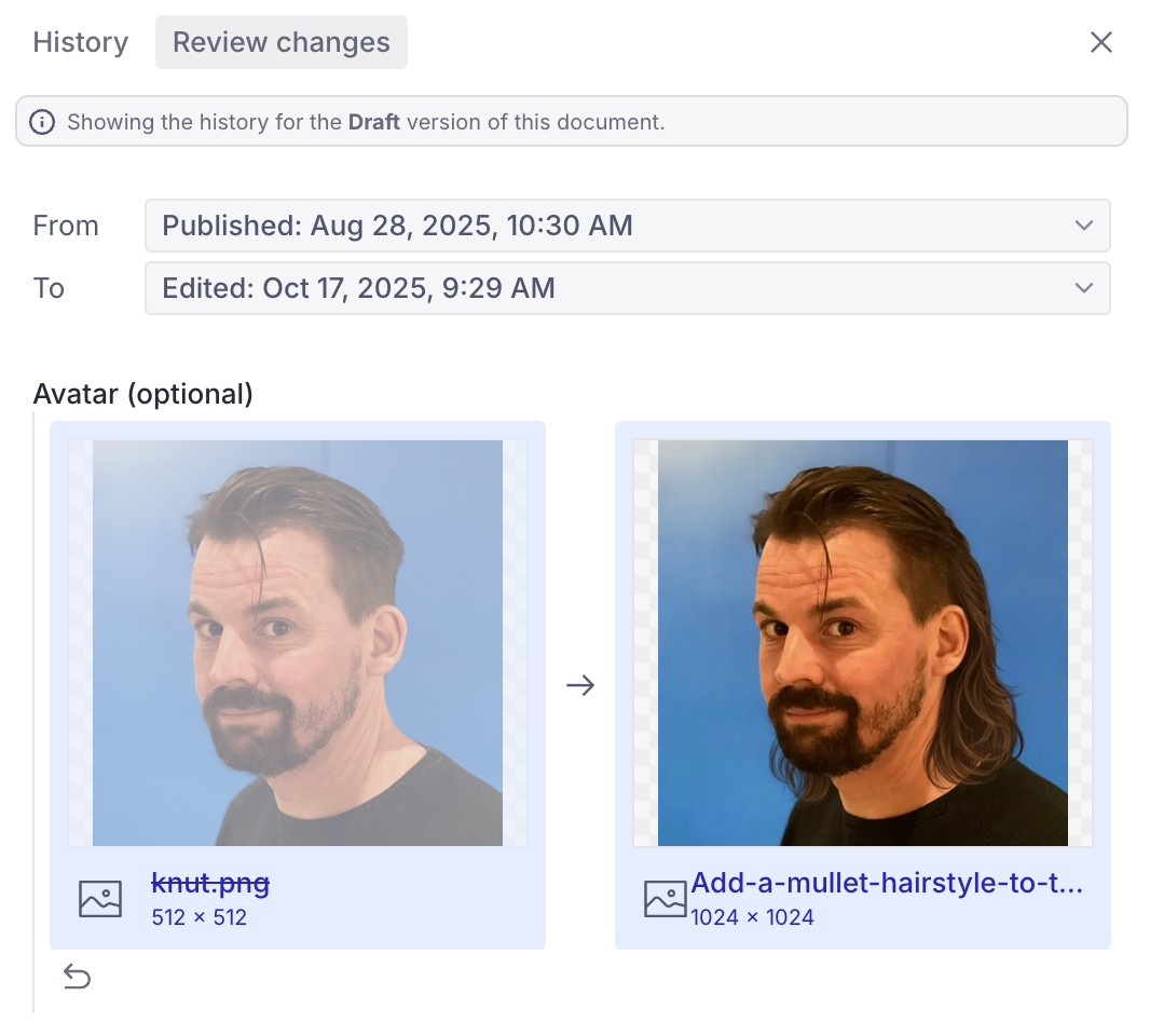 Side-by-side comparison showing a profile photo update. On the left, a man with short, slicked-back hair and a trimmed beard against a blue background. On the right, the same man with a mullet hairstyle added, looking in the same direction, also against a blue background. The interface above shows document version history from August 28 to October 17 2025, indicating the avatar image was changed.