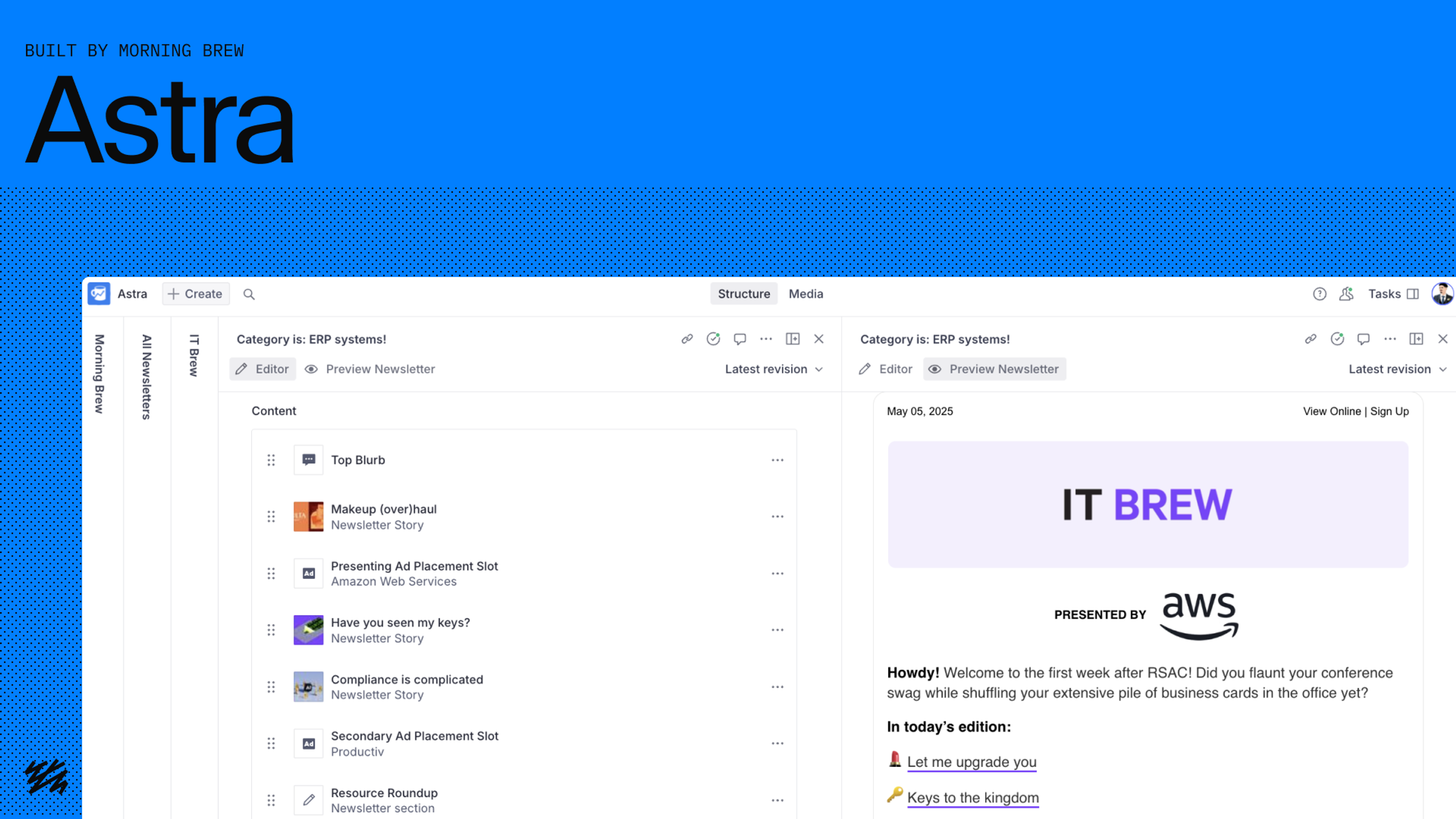 Astra is the editorial workspace used to plan, write, and preview daily newsletters.