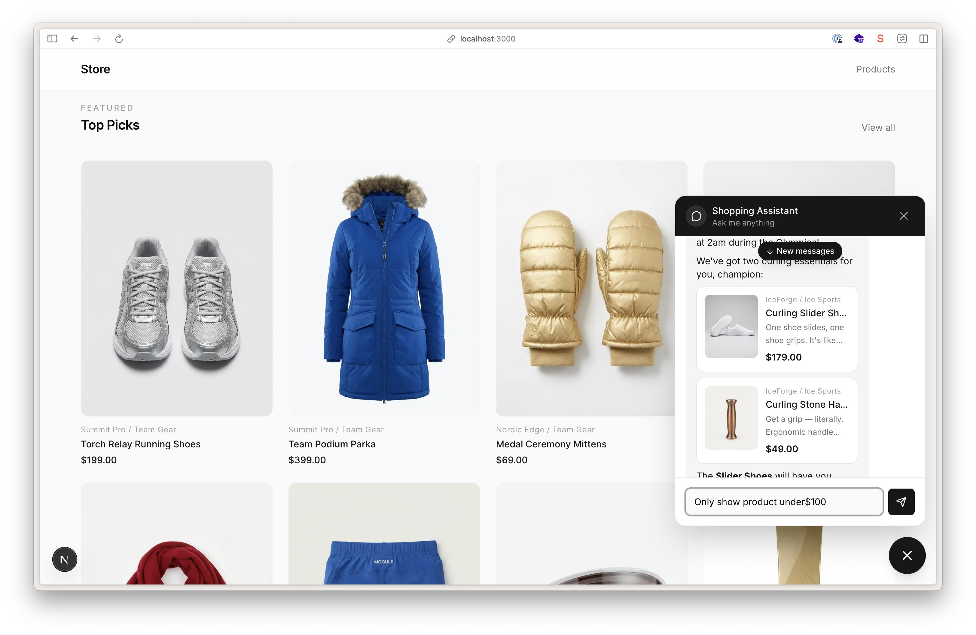 An e-commerce product page with a shopping assistant chatbot, where a user is typing "Only show product under $100" into the chat.