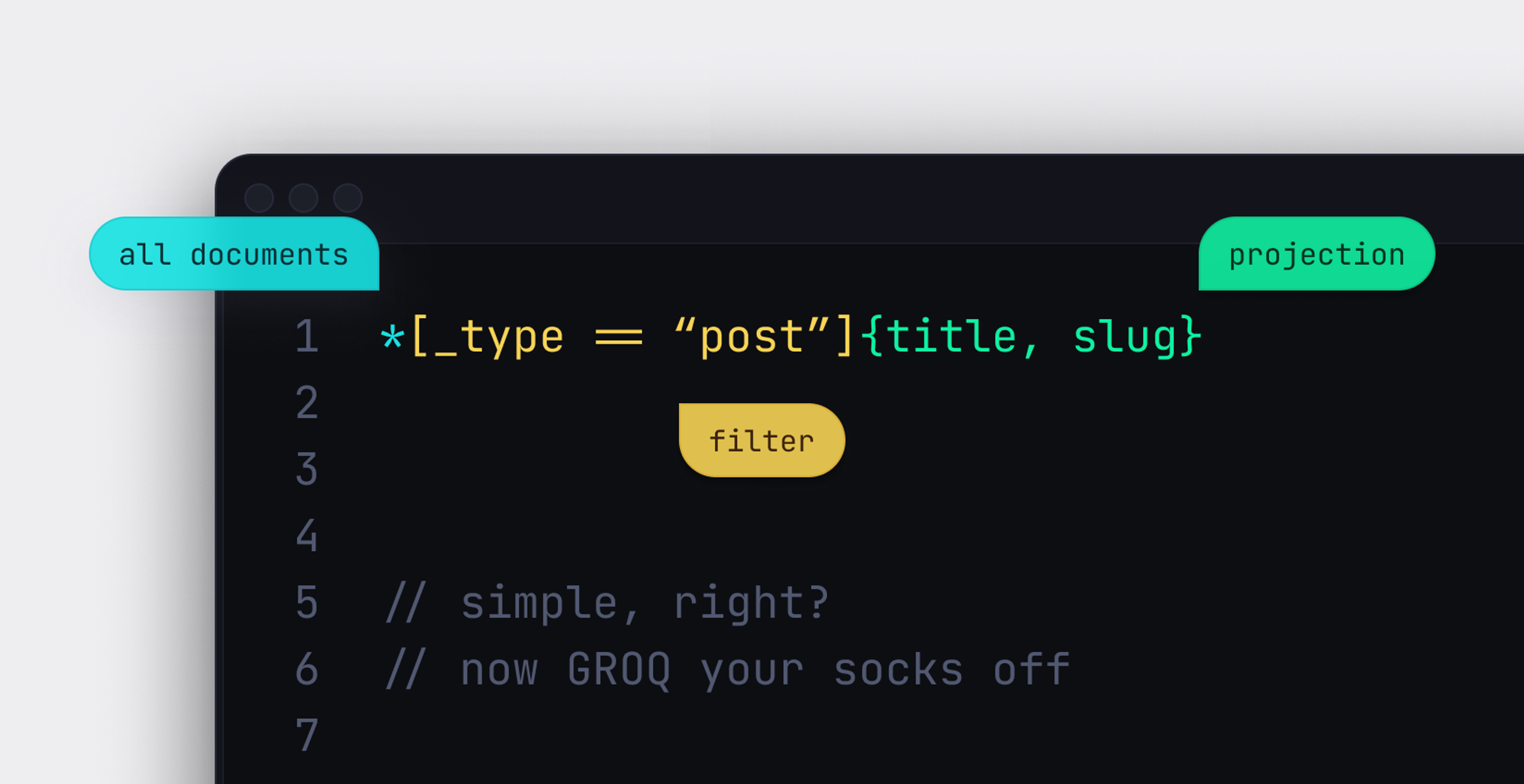 A graphic explaining the anatomy of a simple GROQ query