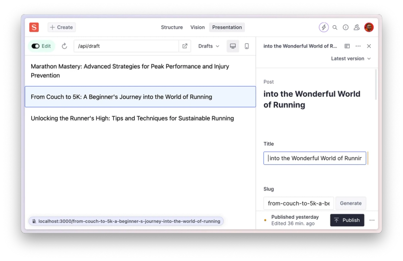 Screenshot of a content management interface displaying a list of posts on the left, with the selected post titled ‘From Couch to 5K: A Beginner’s Journey into the World of Running.’ The editor on the right shows fields for editing the title, slug, and publication status. The post’s current title is ‘into the Wonderful World of Running,’ with a URL preview at the bottom indicating the slug.