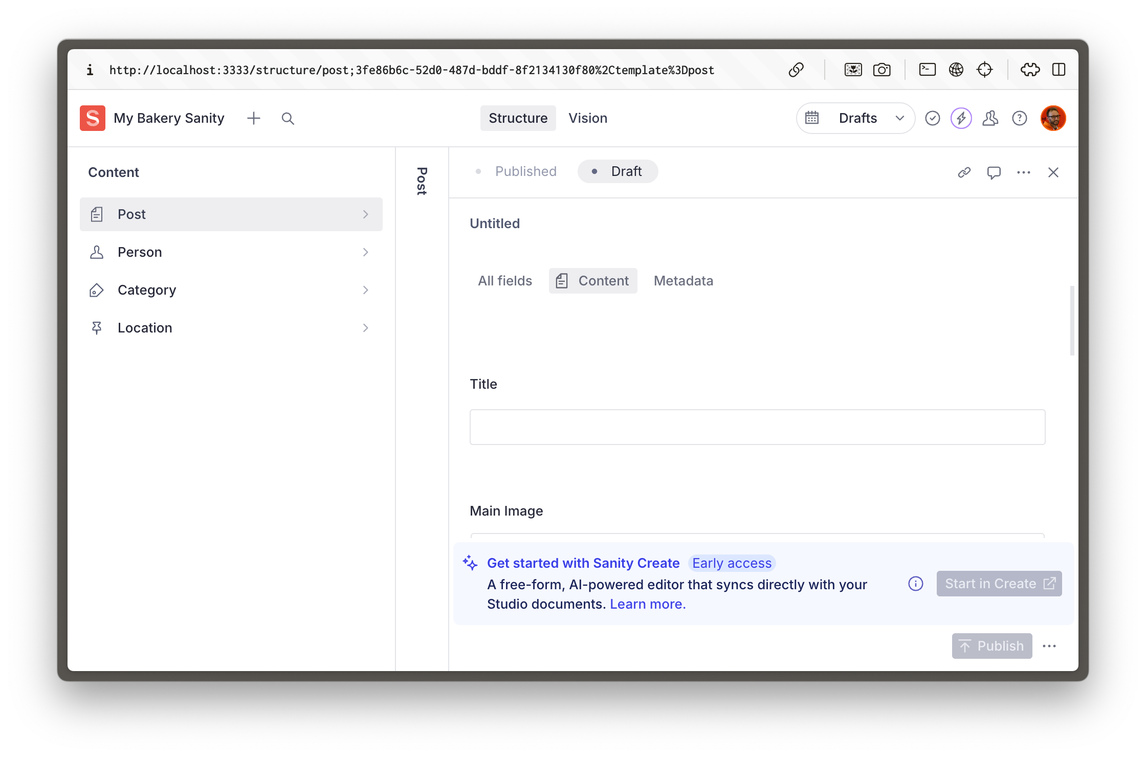 Sanity Studio showing four document types with icons and a new Post document being created