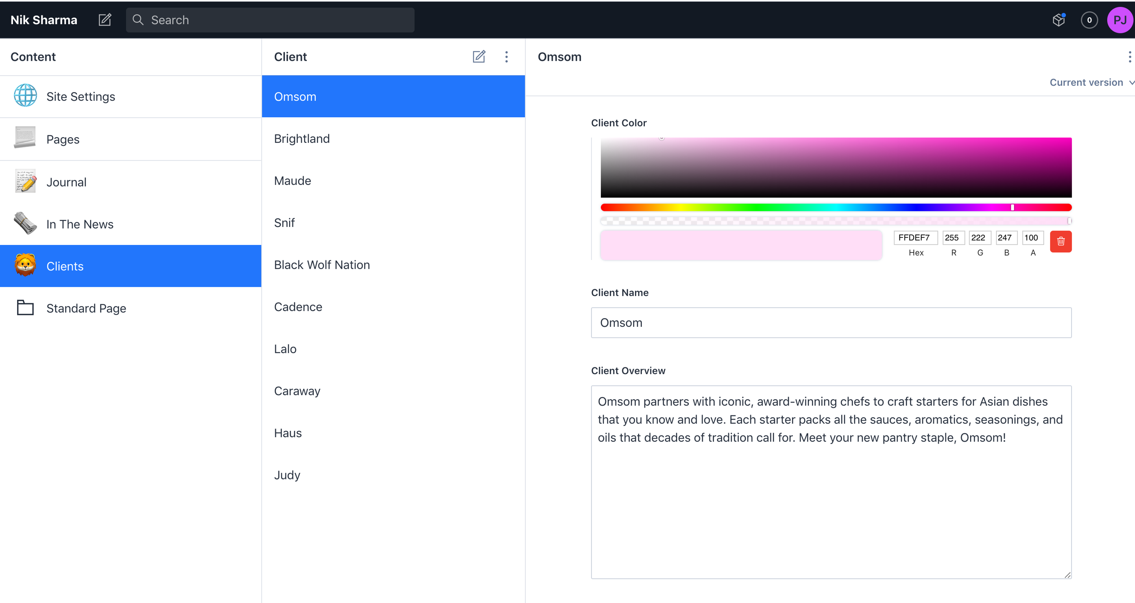 Sanity Studio showing the editor for clients with a color input field