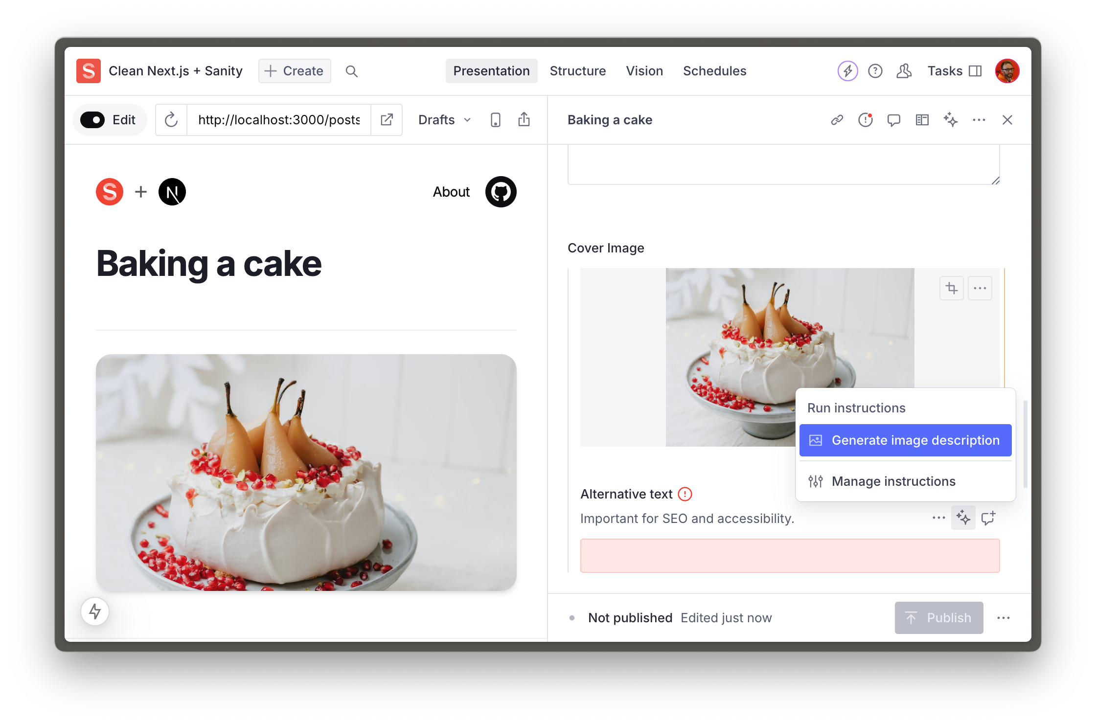 Sanity Studio showing a "Generate image description" image field