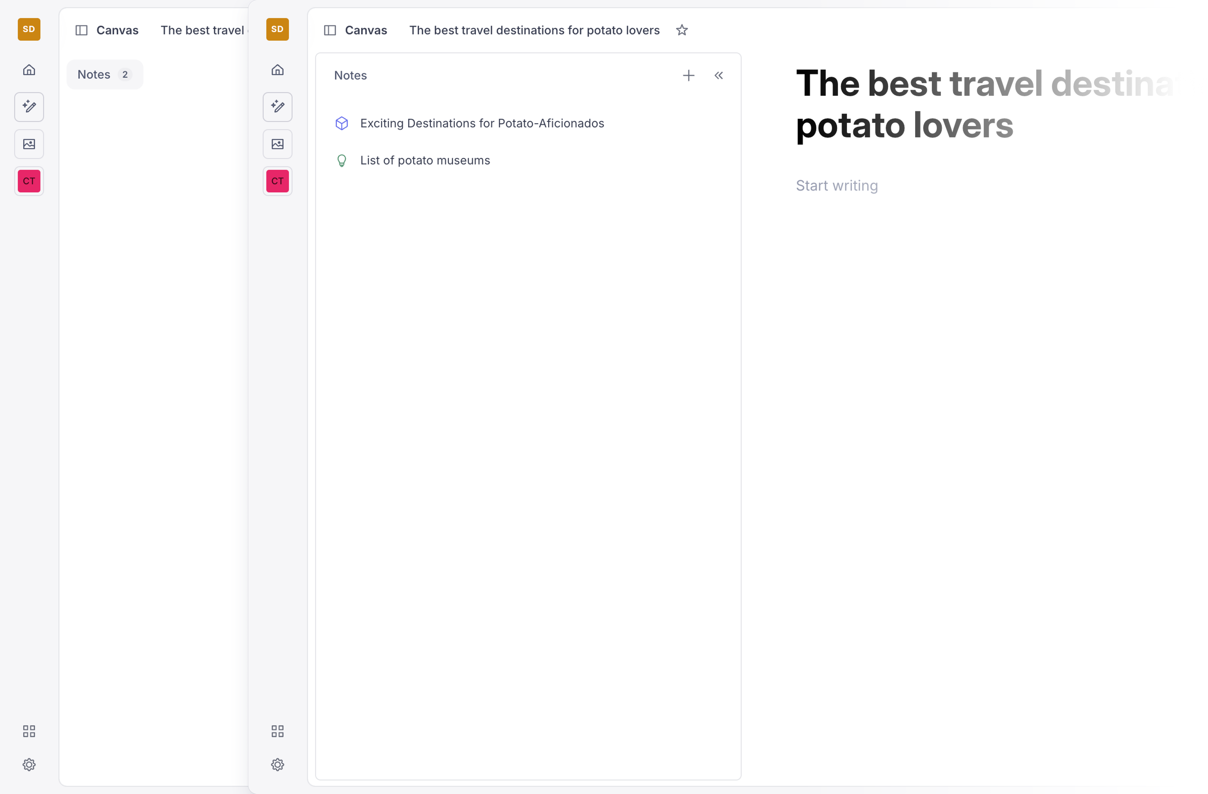 Shows the note panel in open and closed states