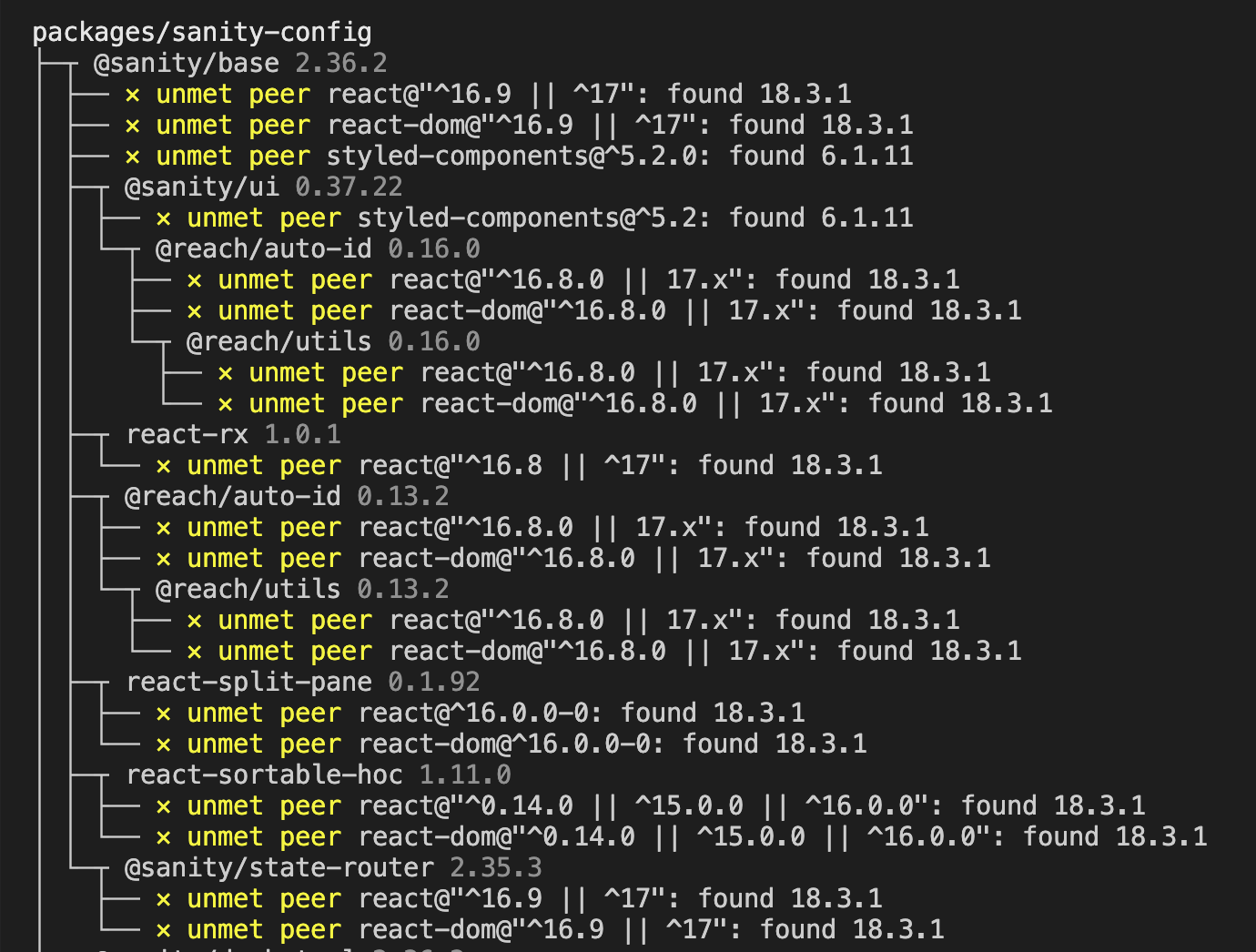 Screenshot of the result of running pnpm peers check