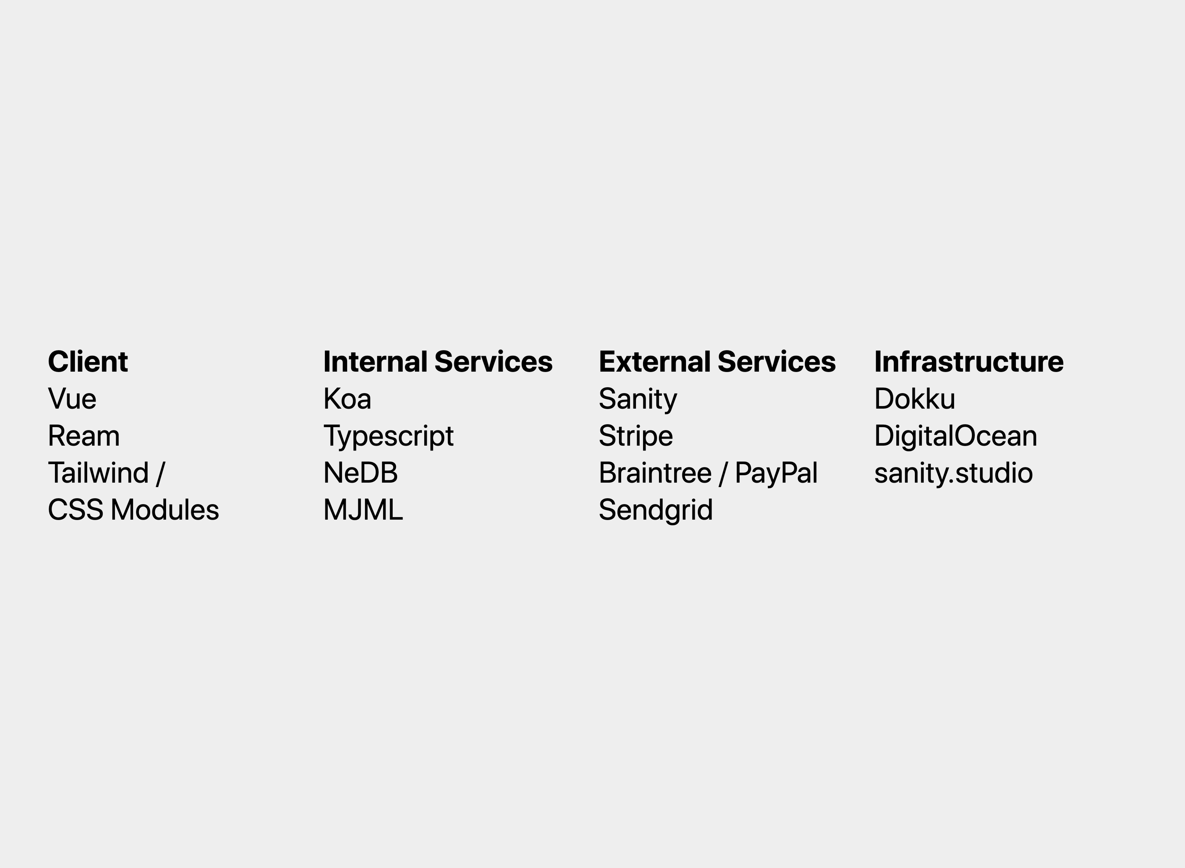 Client: Vue, Ream, Tailwind, CSS Modules; Internal Services: Koa, Typescript, NeDB, MJML; External Services: Sanity, Stripe, Braintree, Paypal, SendGrid; Infrastructure: Dokku, DigitalOcean