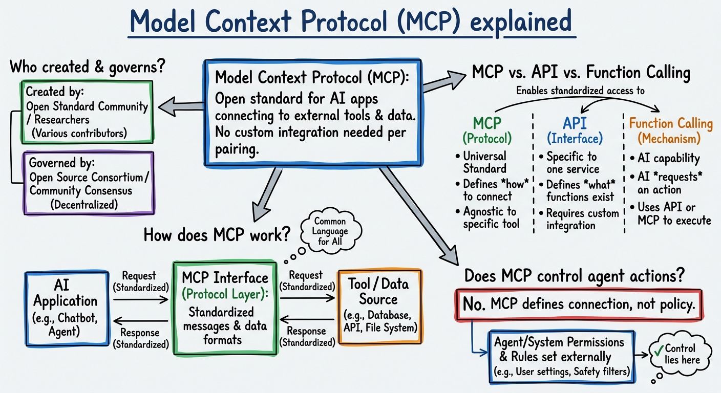A diagram explaining Model Context Protocol (MCP) in terms of related concepts.