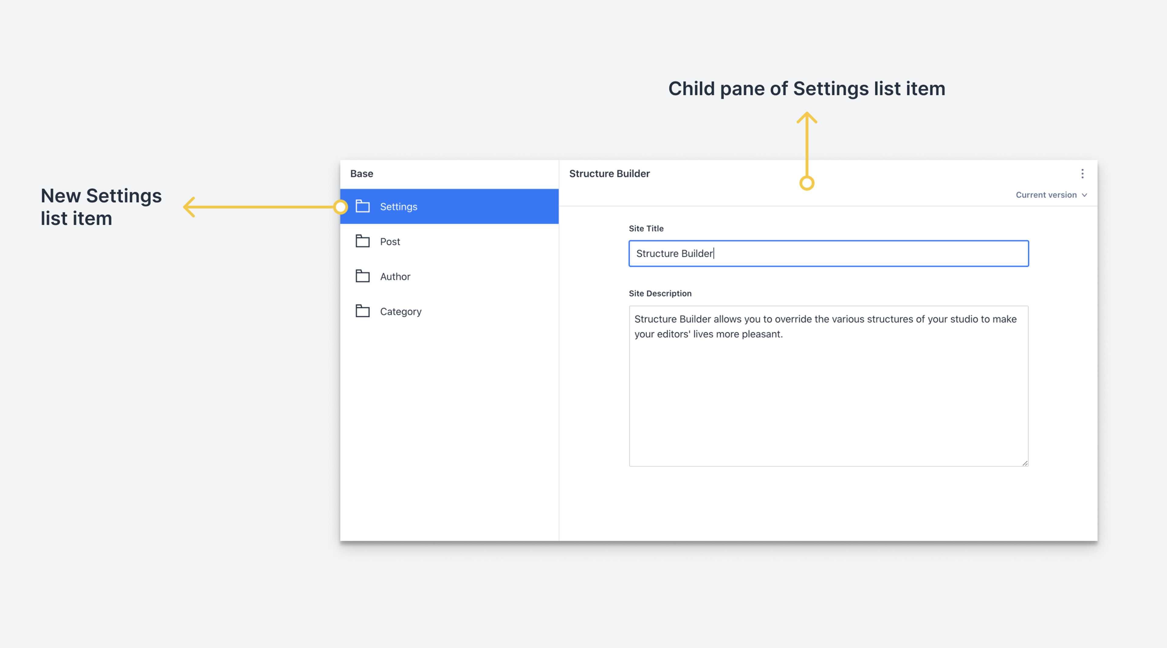 A screenshot illustrating a new "Settings" list item that has a child pane of a single document instead of a list of settings documents.