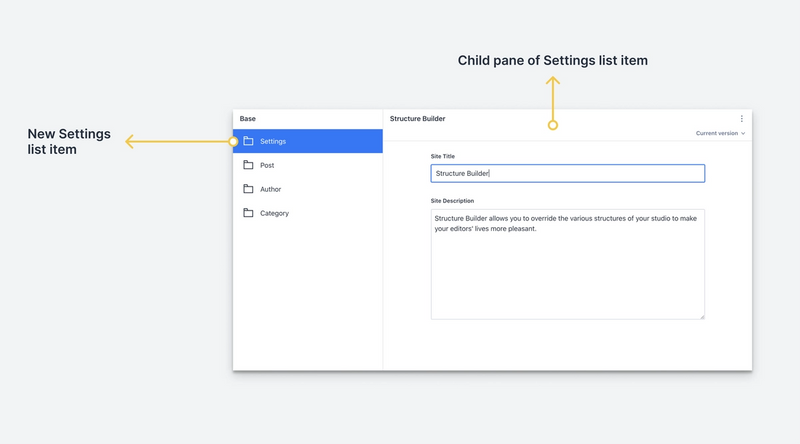 A screenshot illustrating a new "Settings" list item that has a child pane of a single document instead of a list of settings documents.