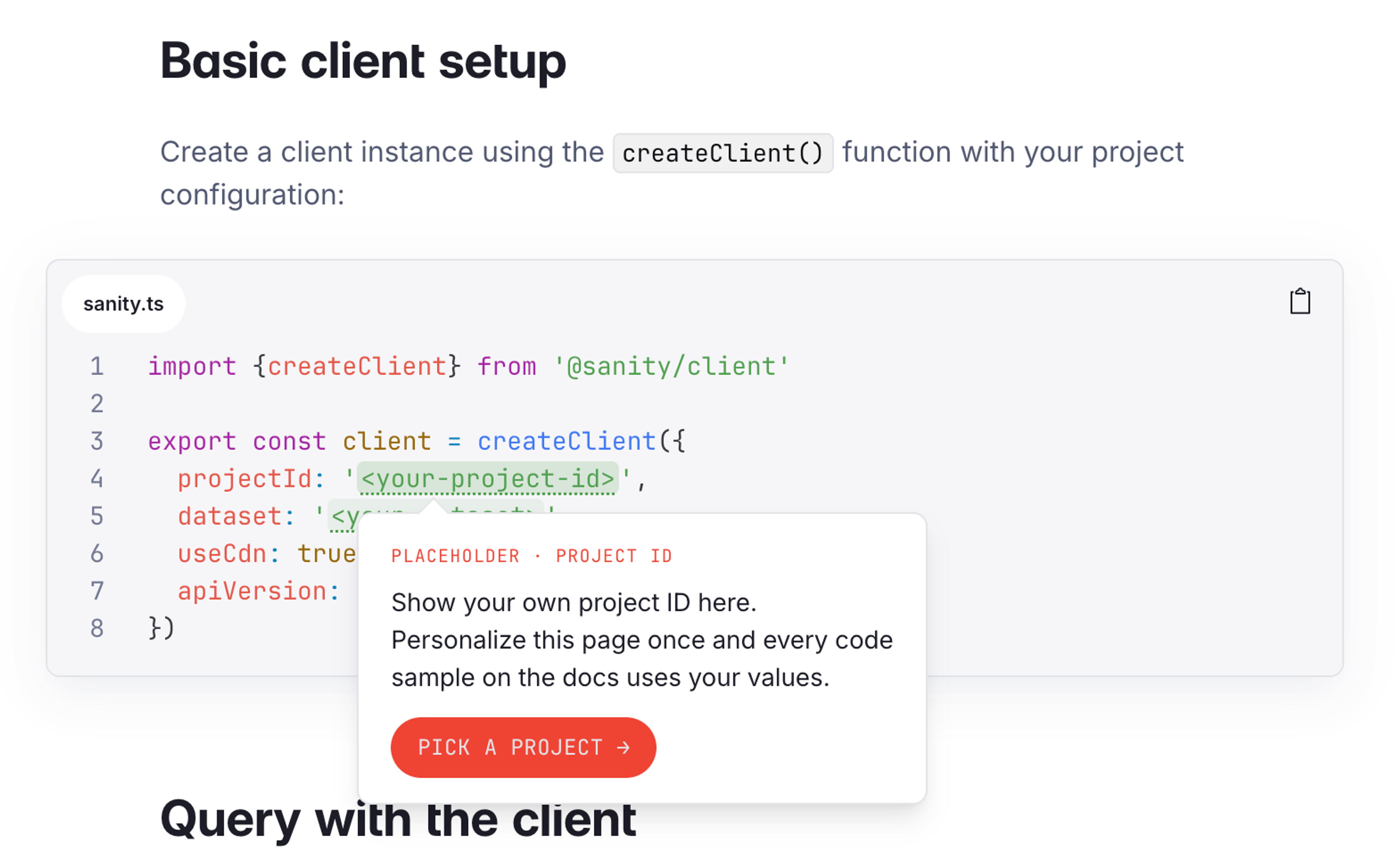 Code snippet for Sanity client setup, showing a `projectId` placeholder with an overlaid pop-up explaining it.