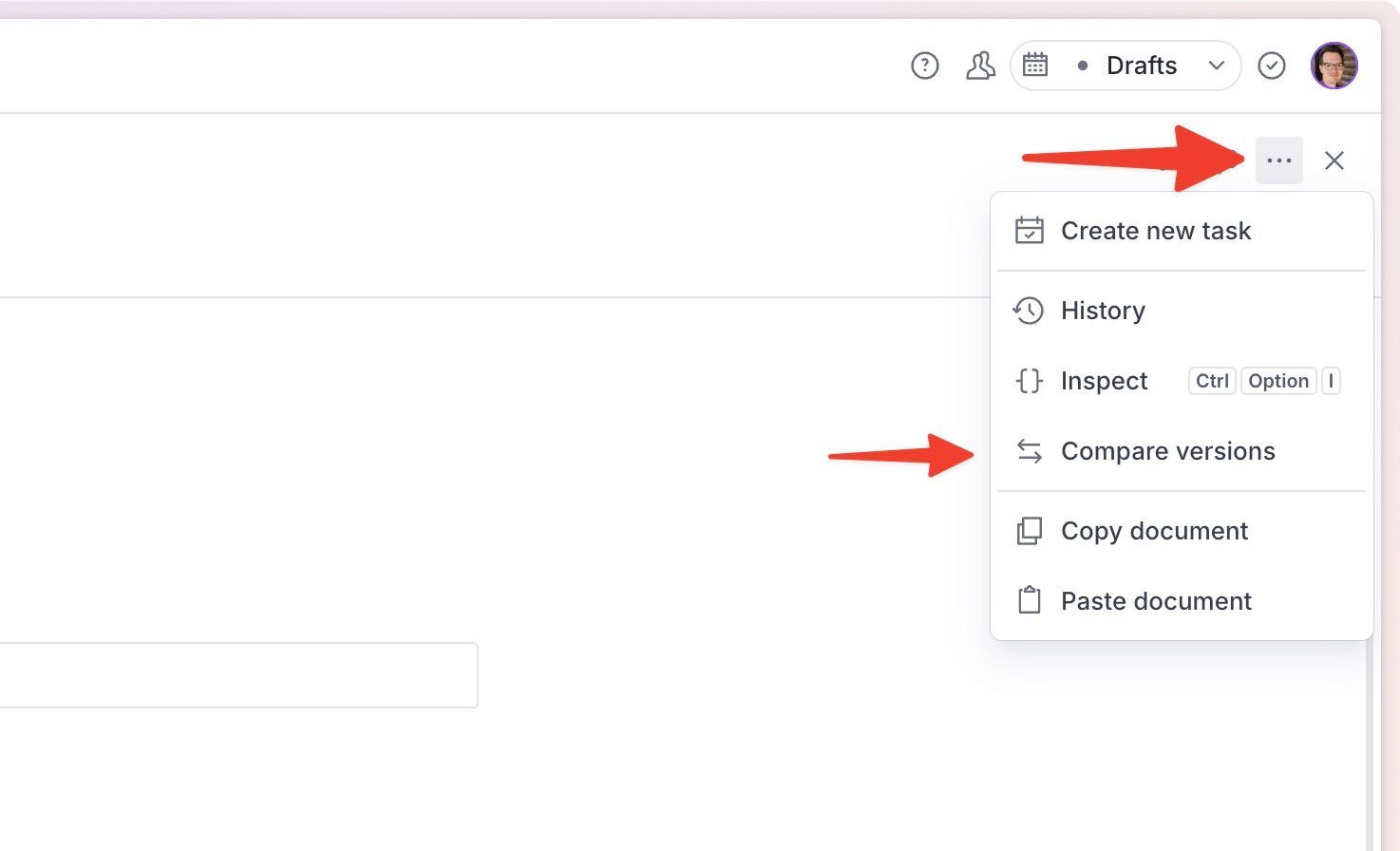 The document actions menu in Sanity Studio, opened from the top right of the document pane, with the Compare versions option in the list.