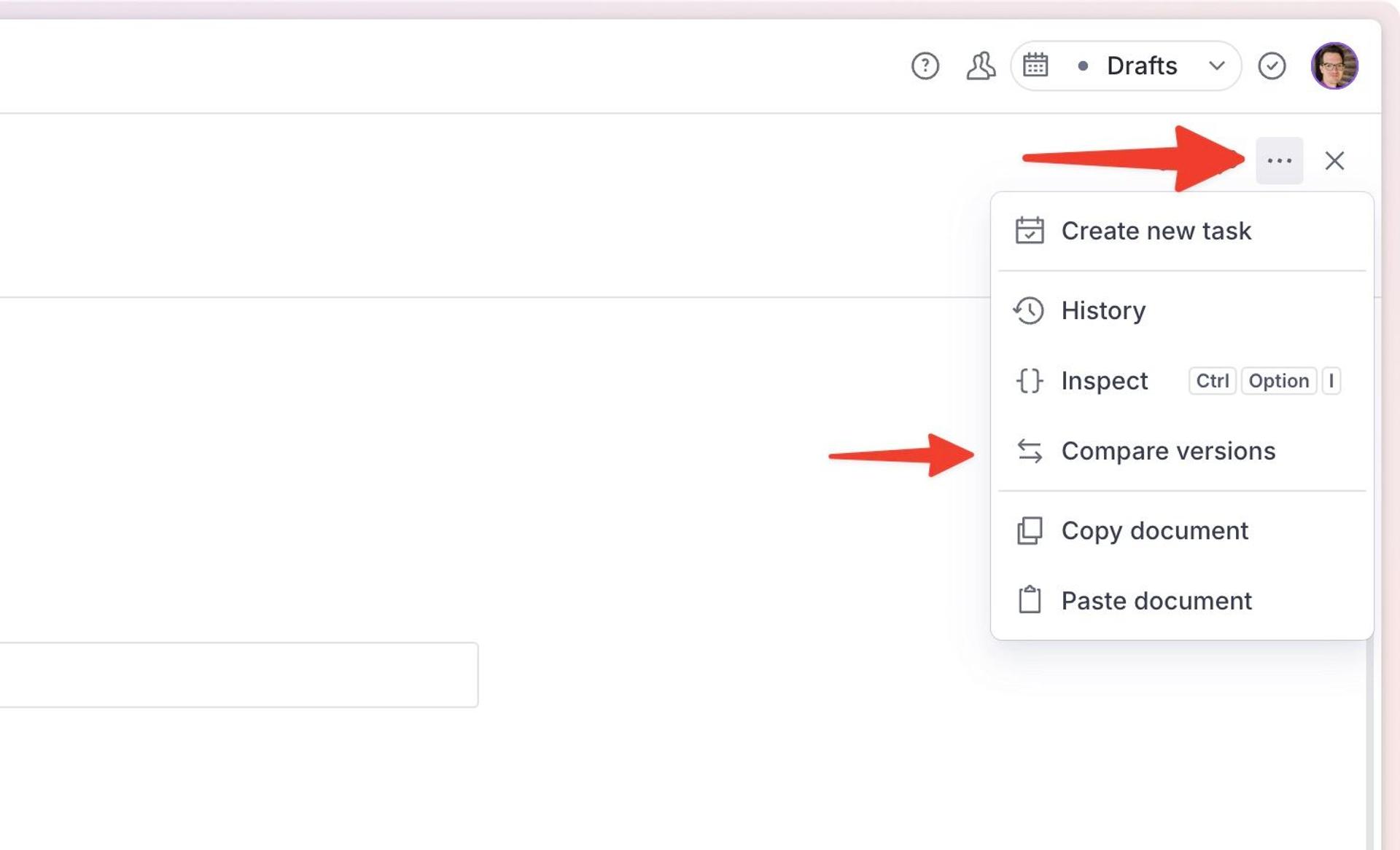 The document actions menu in Sanity Studio, opened from the top right of the document pane, with the Compare versions option in the list.