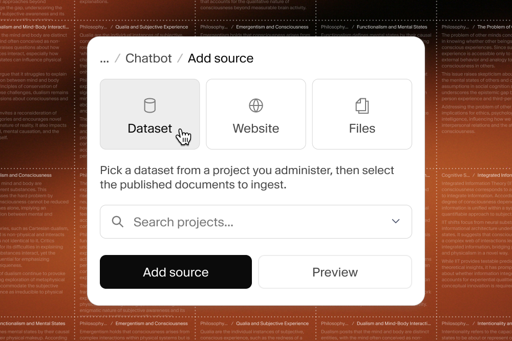 A white modal window titled "Add source" for a chatbot, with a cursor selecting the "Dataset" option, next to "Website" and "Files" options.