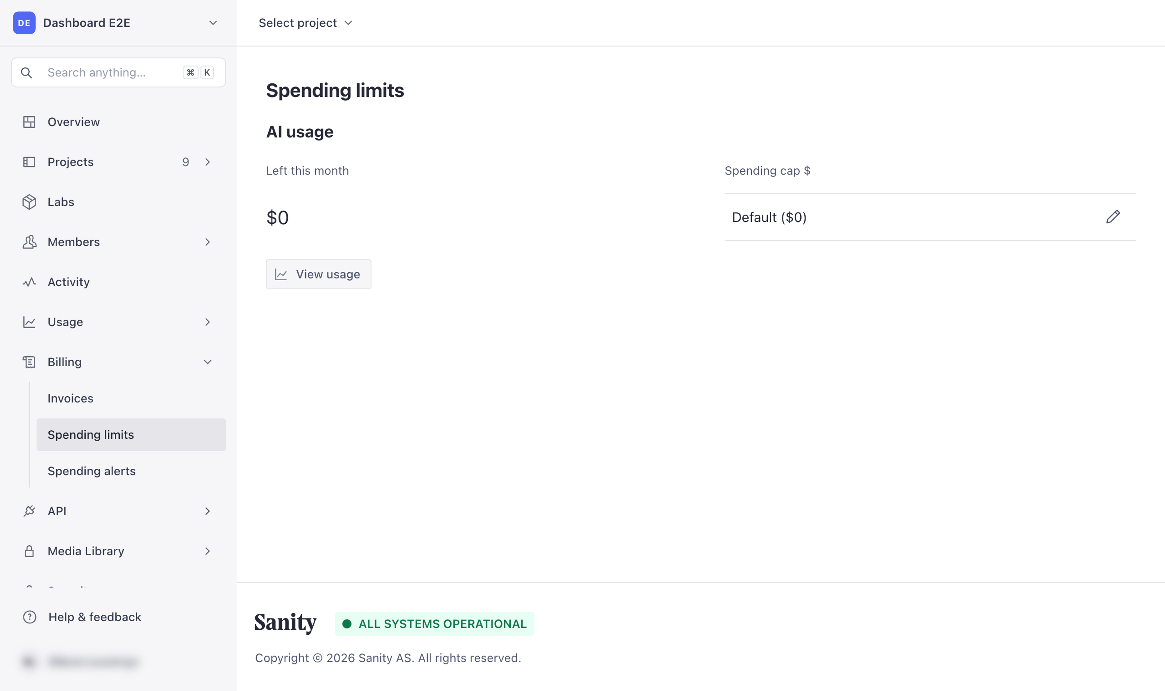 Organization Billing in Sanity Manage, with Spending limits selected in the sidebar and the AI usage spending cap shown.