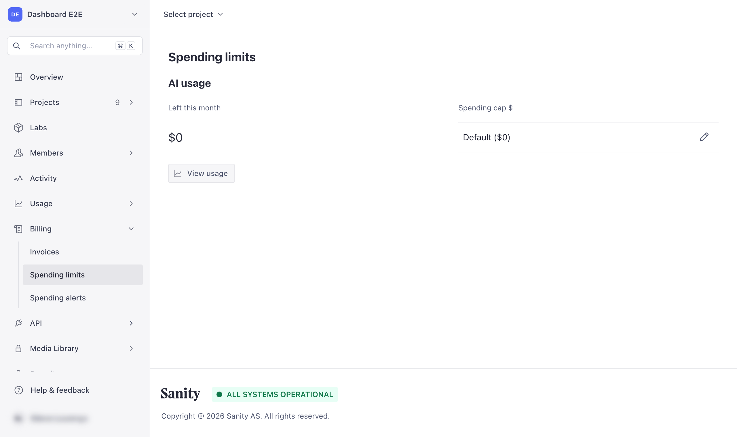 Organization Billing in Sanity Manage, with Spending limits selected in the sidebar and the AI usage spending cap shown.