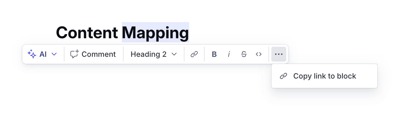 Selected text "Content Mapping" in an editor, with a toolbar and an open "Copy link to block" menu.