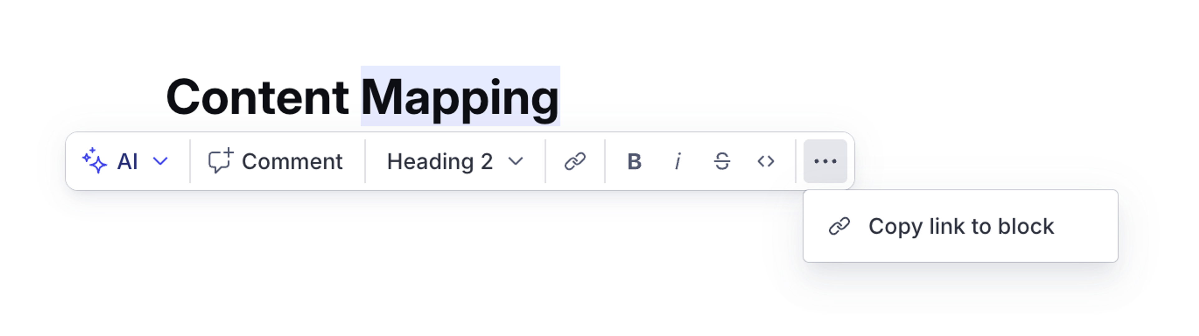 Selected text "Content Mapping" in an editor, with a toolbar and an open "Copy link to block" menu.