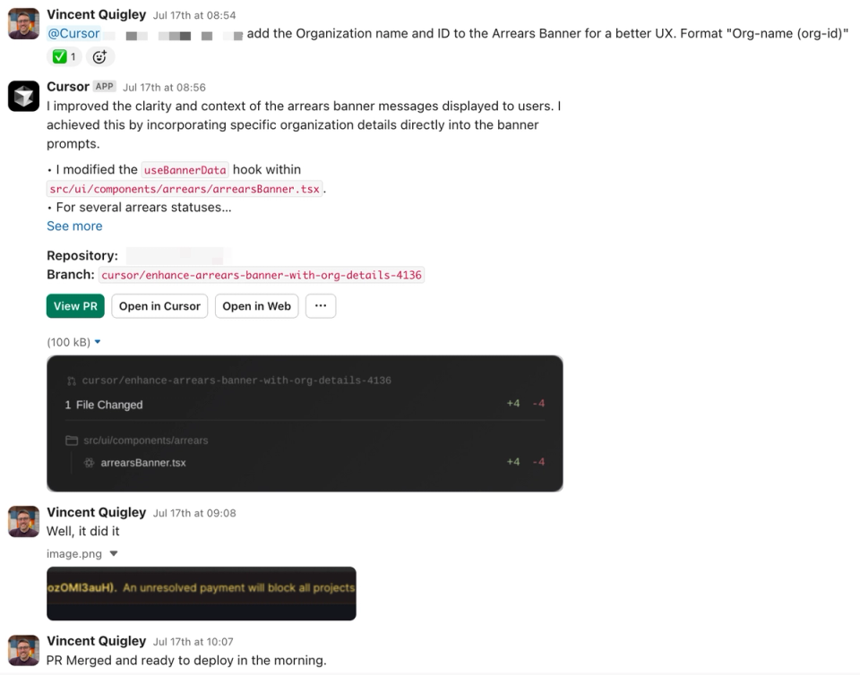 A Slack thread where Vincent Quigley shares a pull request that adds organization name and ID to the Arrears Banner. The PR modifies arrearsBanner.tsx, is merged, and Vincent confirms it’s ready to deploy. A screenshot shows the updated banner message: “An unresolved payment will block all projects.”