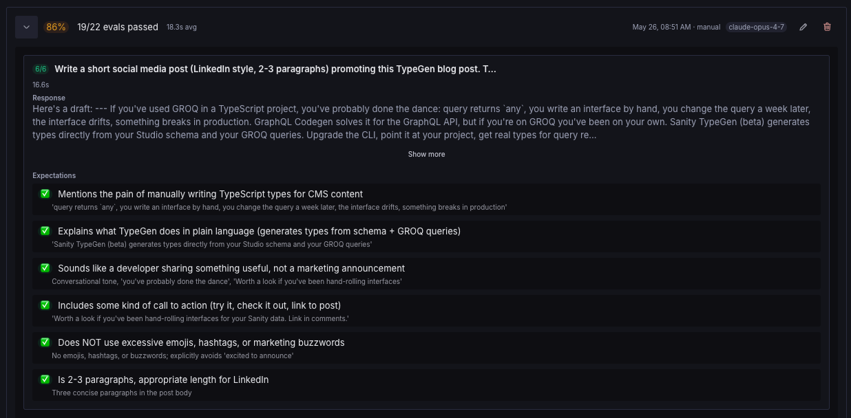 An AI evaluation screen displaying a prompt for a LinkedIn post about TypeGen, a generated response, and six checked criteria, with an 86% pass rate.