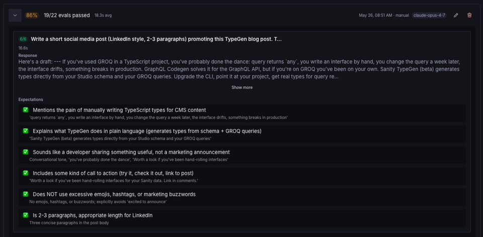 An AI evaluation screen displaying a prompt for a LinkedIn post about TypeGen, a generated response, and six checked criteria, with an 86% pass rate.
