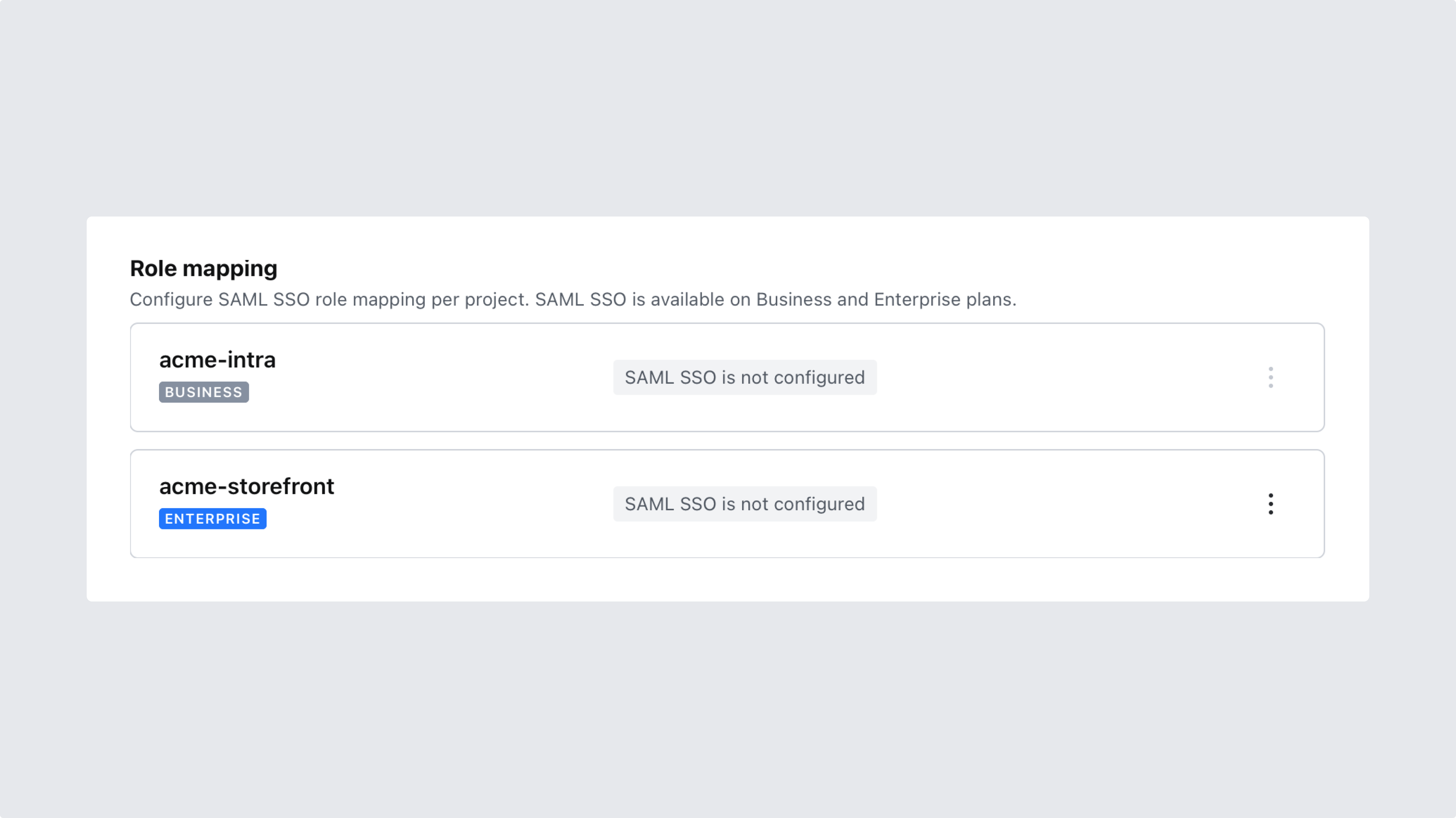 A list of projects belonging to an organization, each labeled as not having SAML SSO configured yet.