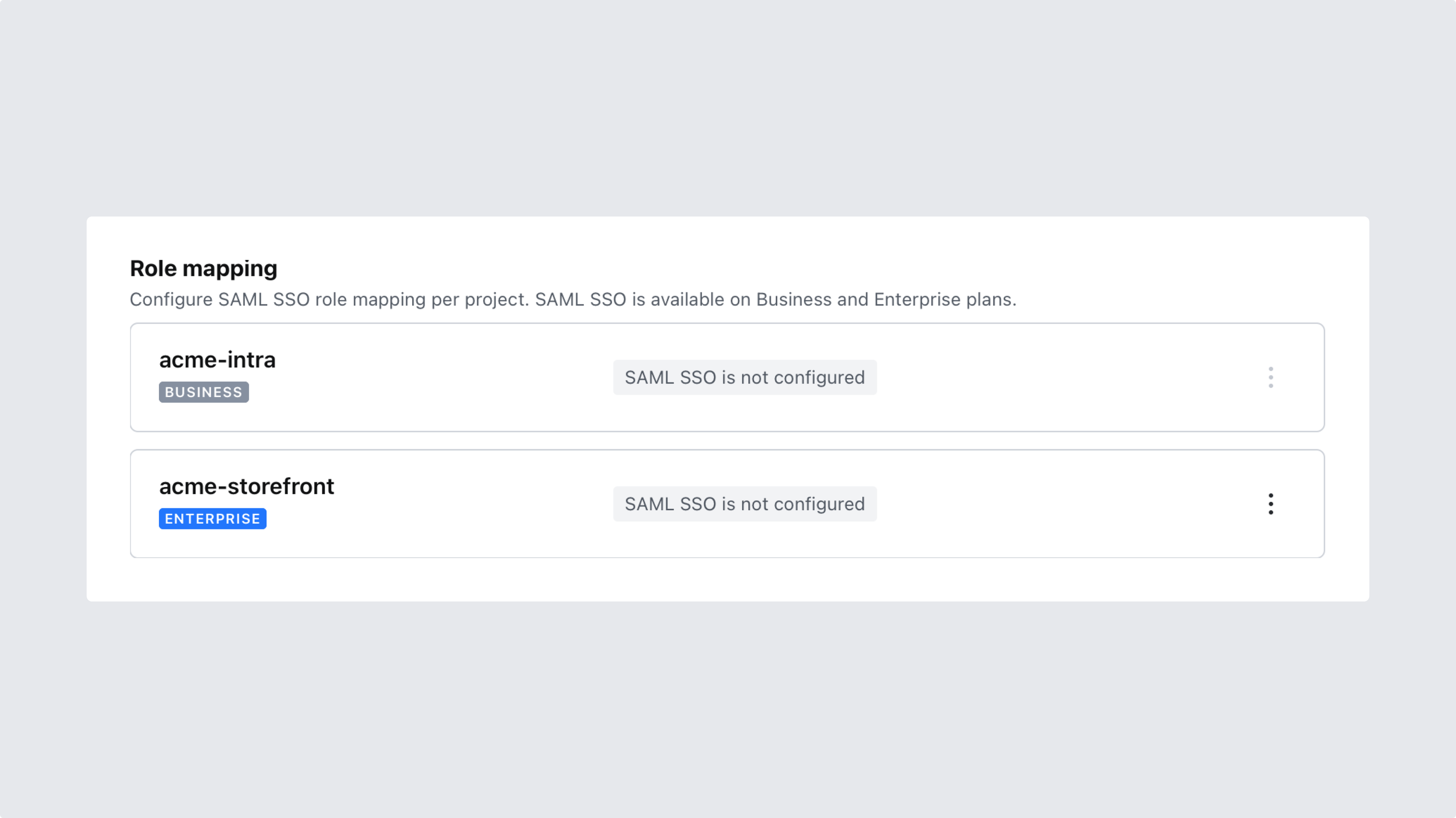 Shows a list of projects belonging to an organization, both labeled as not having SAML SSO configured yet