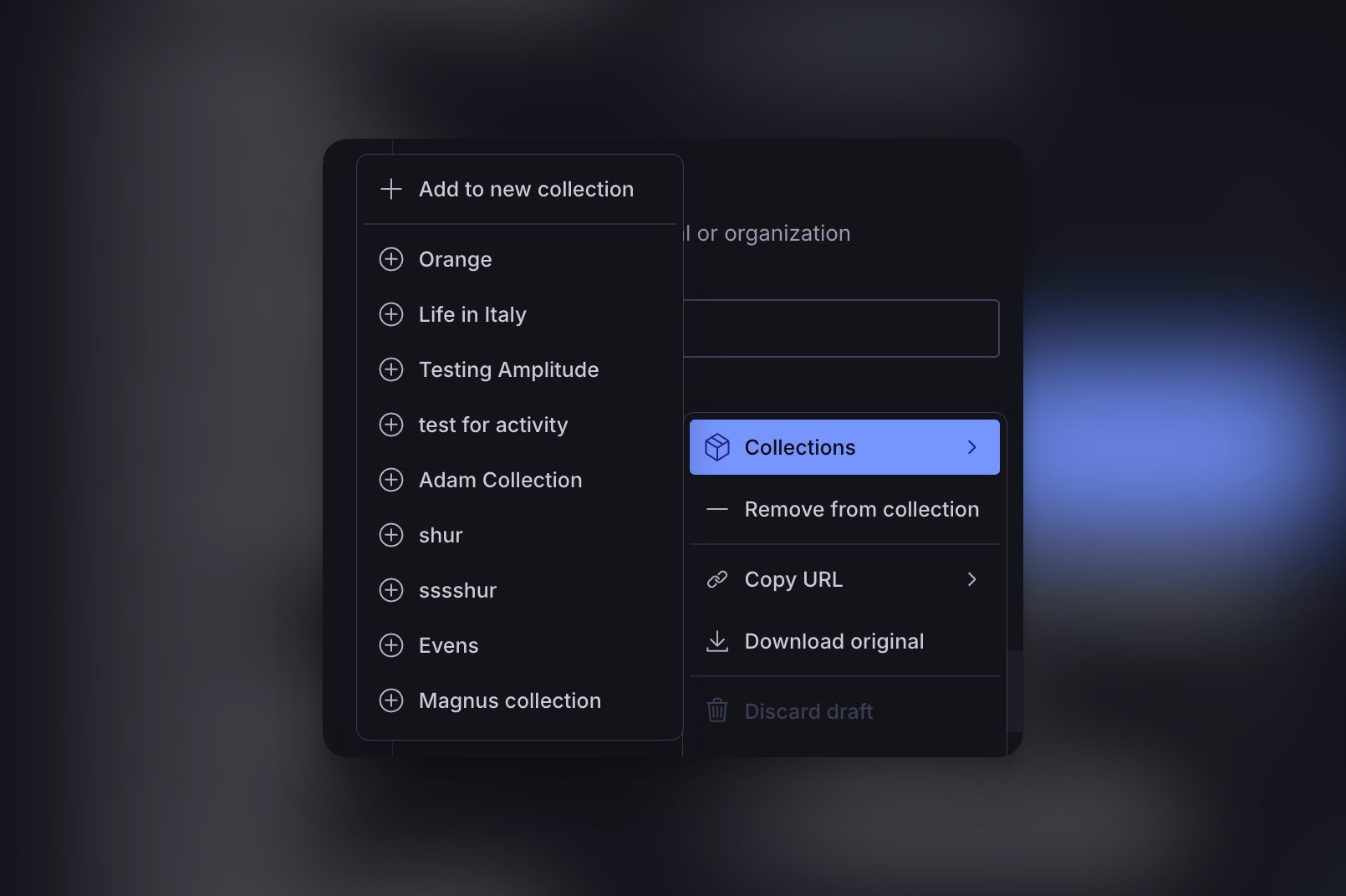 Dark-themed user interface displaying collection management menus, one listing existing collections and the other offering options like 'Collections' (highlighted).