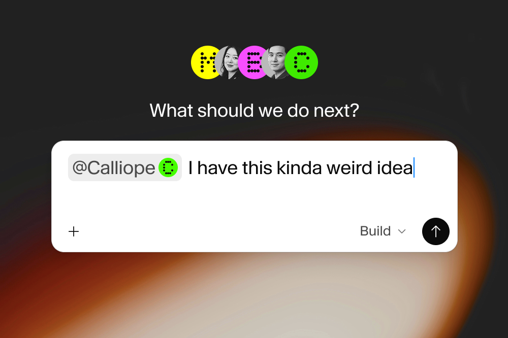 A digital interface with M-E-O avatars, showing "What should we do next?" above an input field with "@Calliope I have this kinda weird idea" typed.