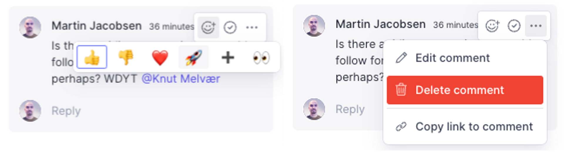 Shows options for reacting to, editing, and deleting comments