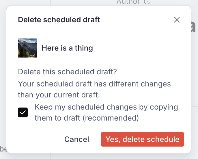 Dialog showing the delete schedules drafts action