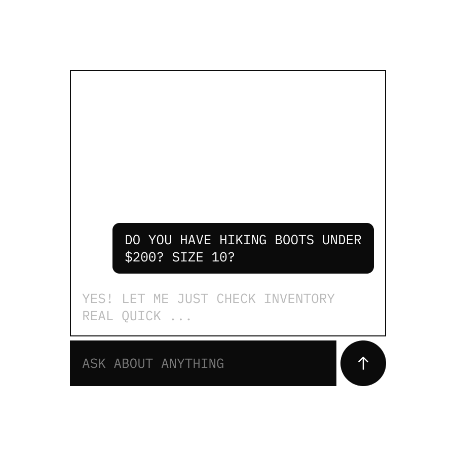 A shopping assistant chatbot interface with a user asking for hiking boots under $200, size 10, and the assistant replying it will check inventory.