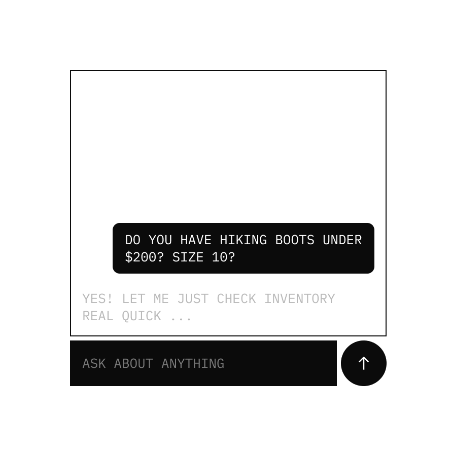 A shopping assistant chatbot interface with a user asking for hiking boots under $200, size 10, and the assistant replying it will check inventory.