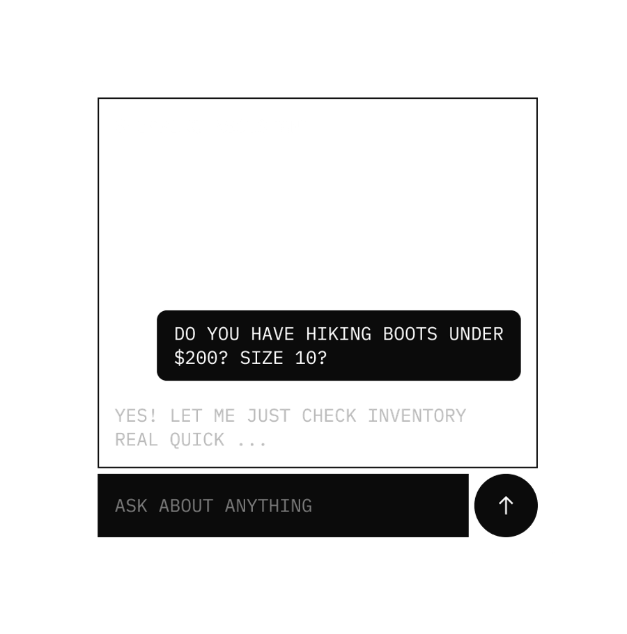 A shopping assistant chatbot interface with a user asking for hiking boots under $200, size 10, and the assistant replying it will check inventory.