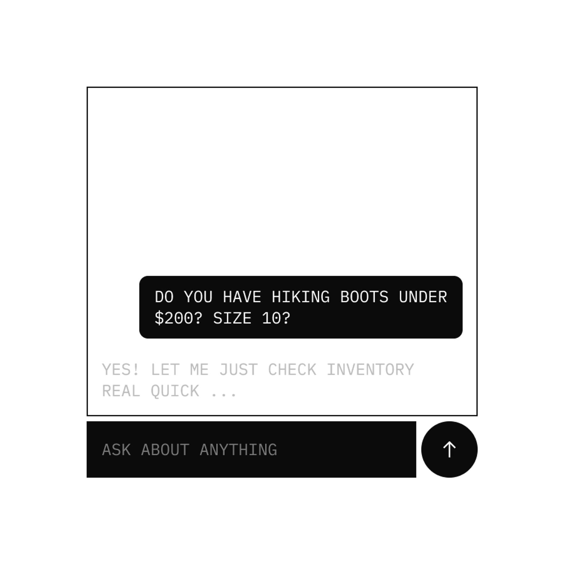 A chat interface where a user asks about hiking boots under $200, size 10, and a shopping assistant replies.