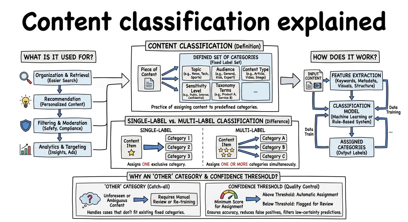 A diagram explaining Content classification in terms of related concepts.